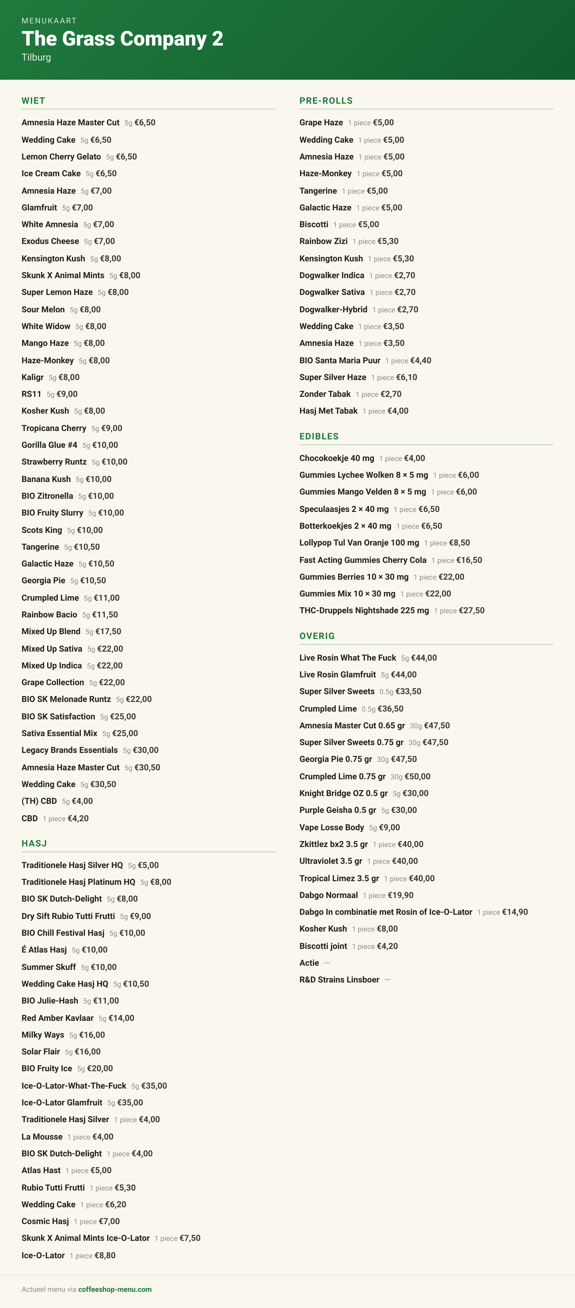 Menu bij The Grass Company 2