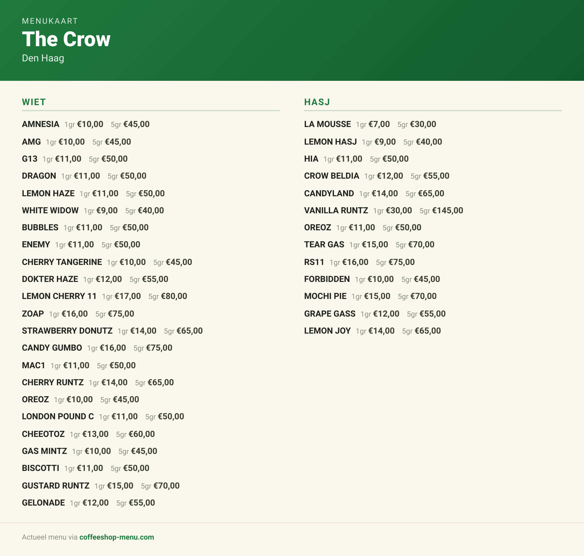 Menu bij The Crow