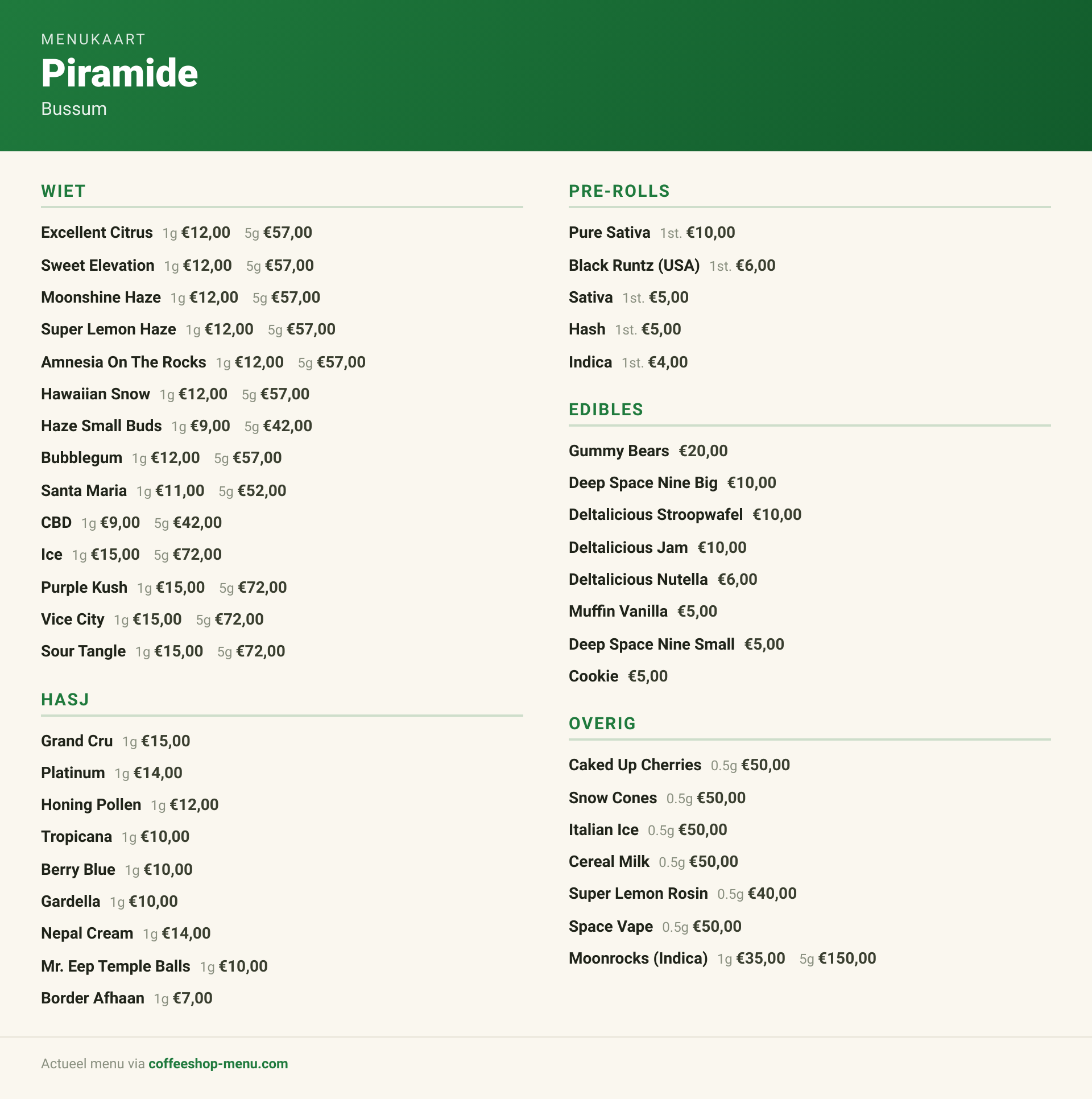Menu bij Piramide