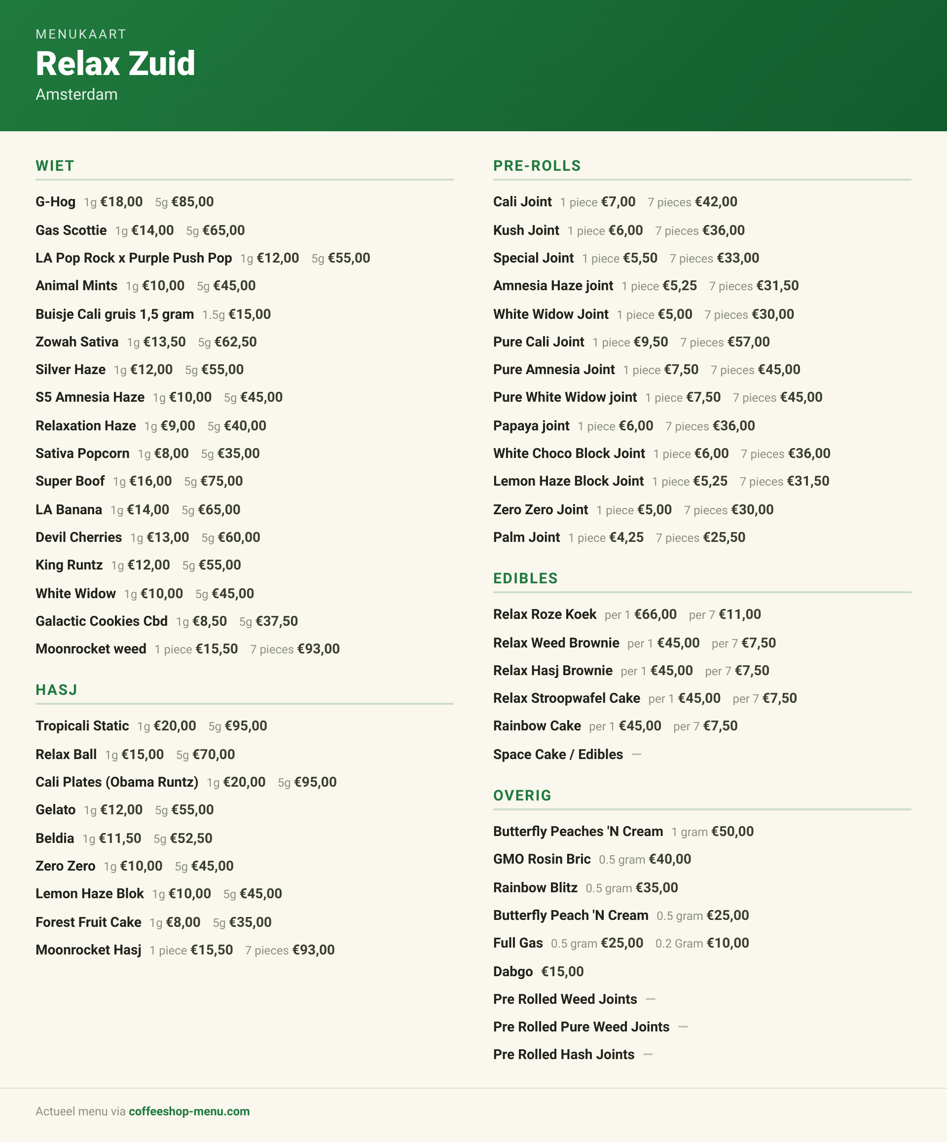 Menu bij Relax Zuid
