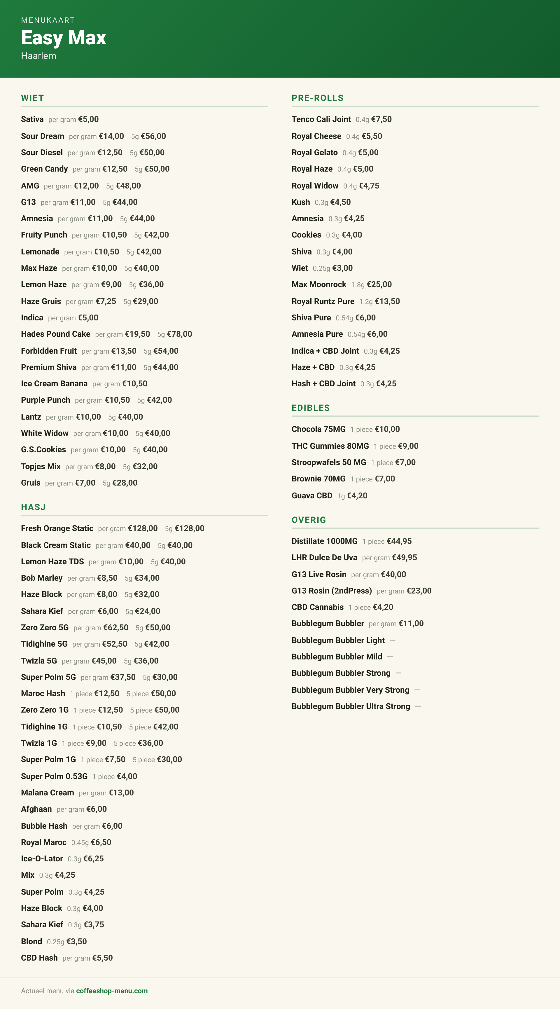 Menu bij Easy Max