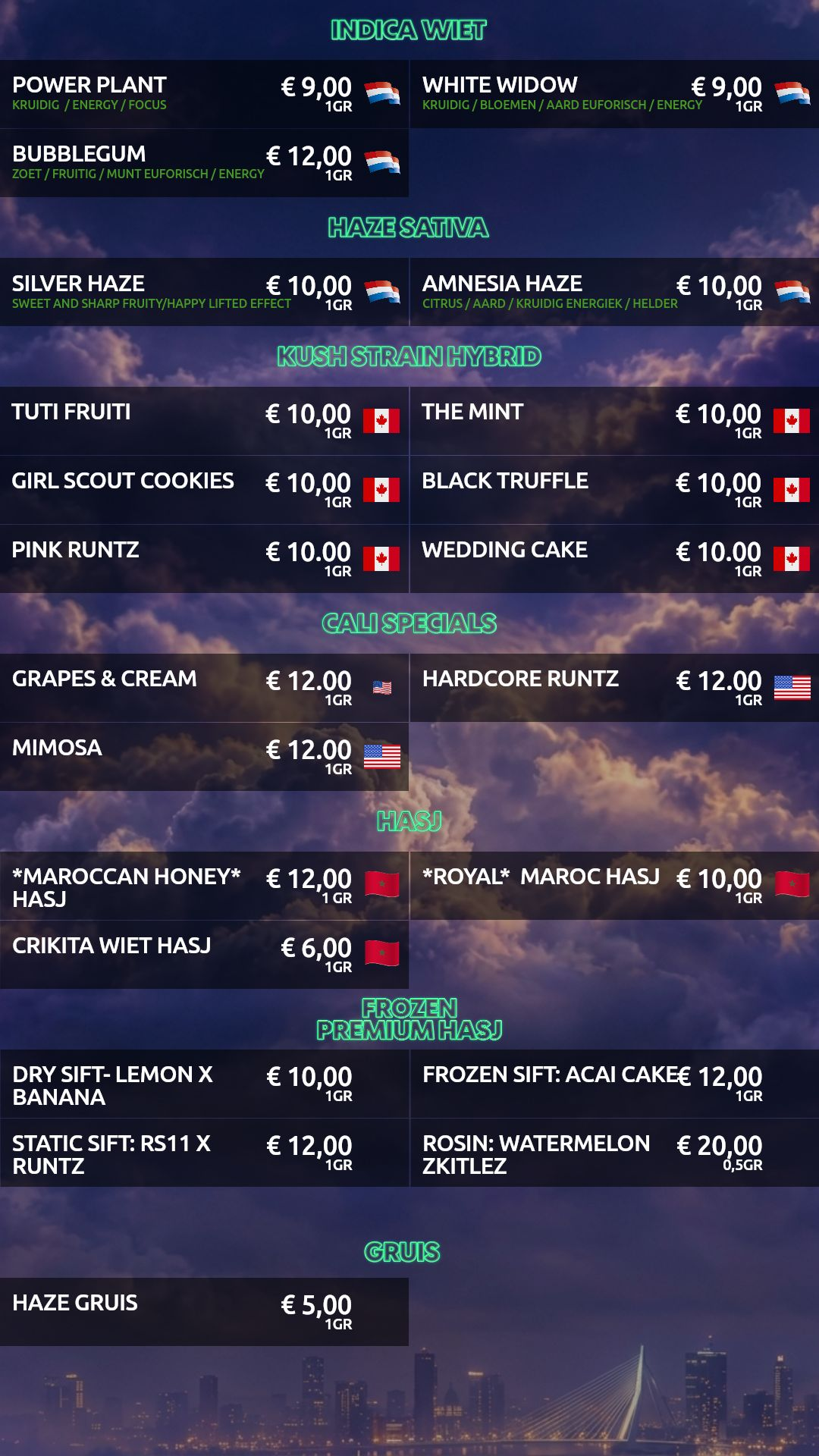 Menukaart van Dreams