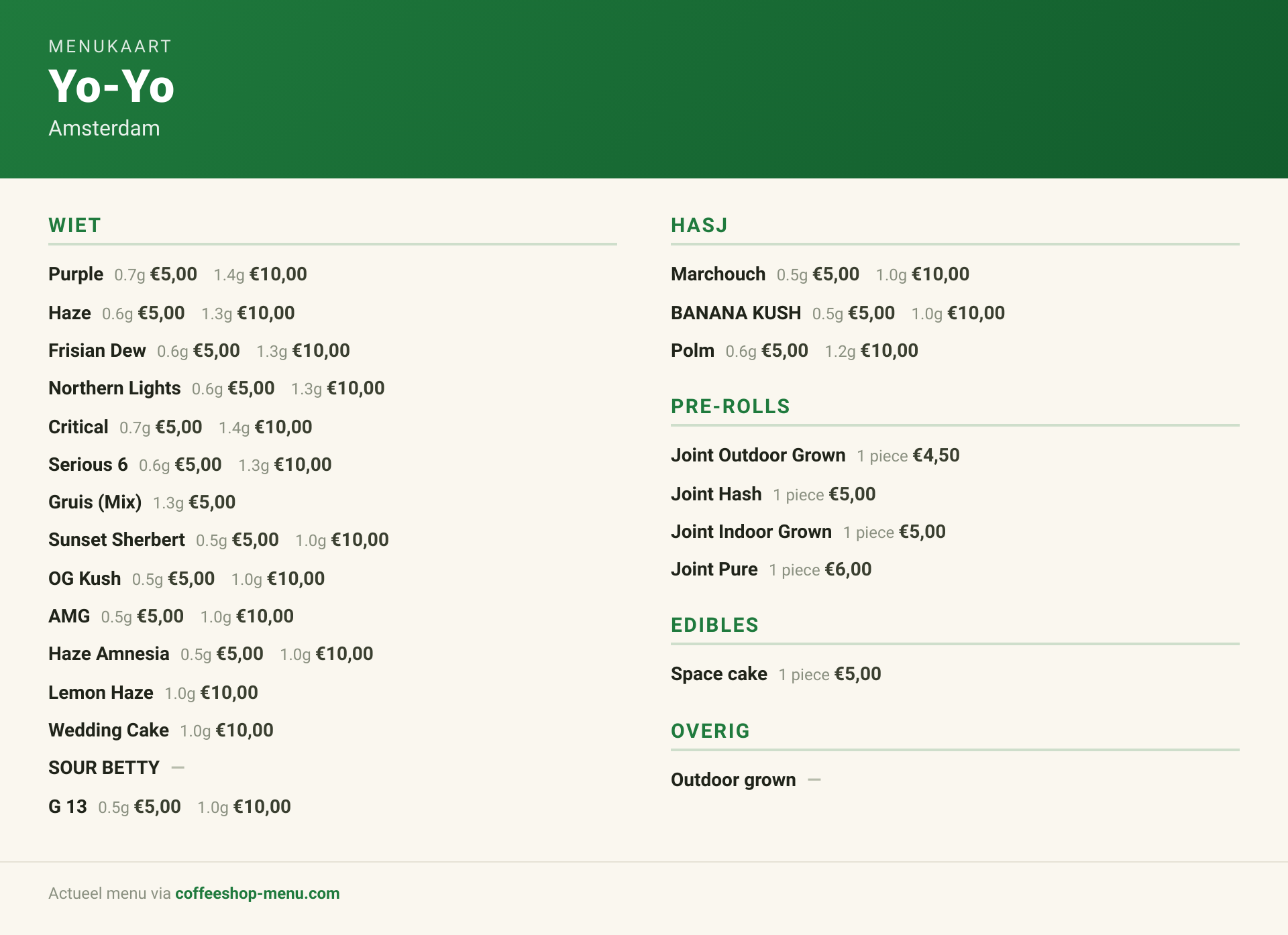 Menu bij Yo-Yo