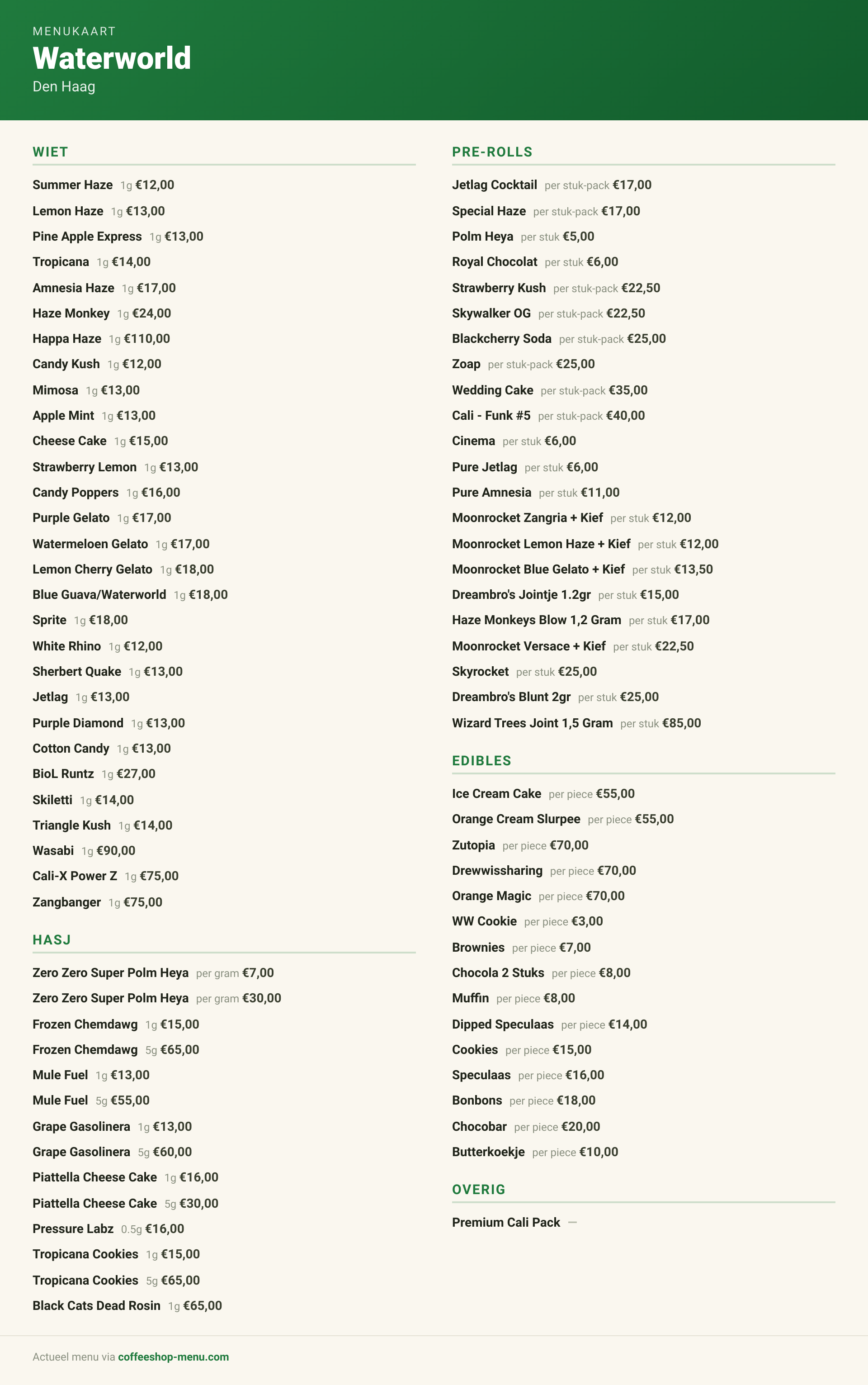 Menu bij Waterworld