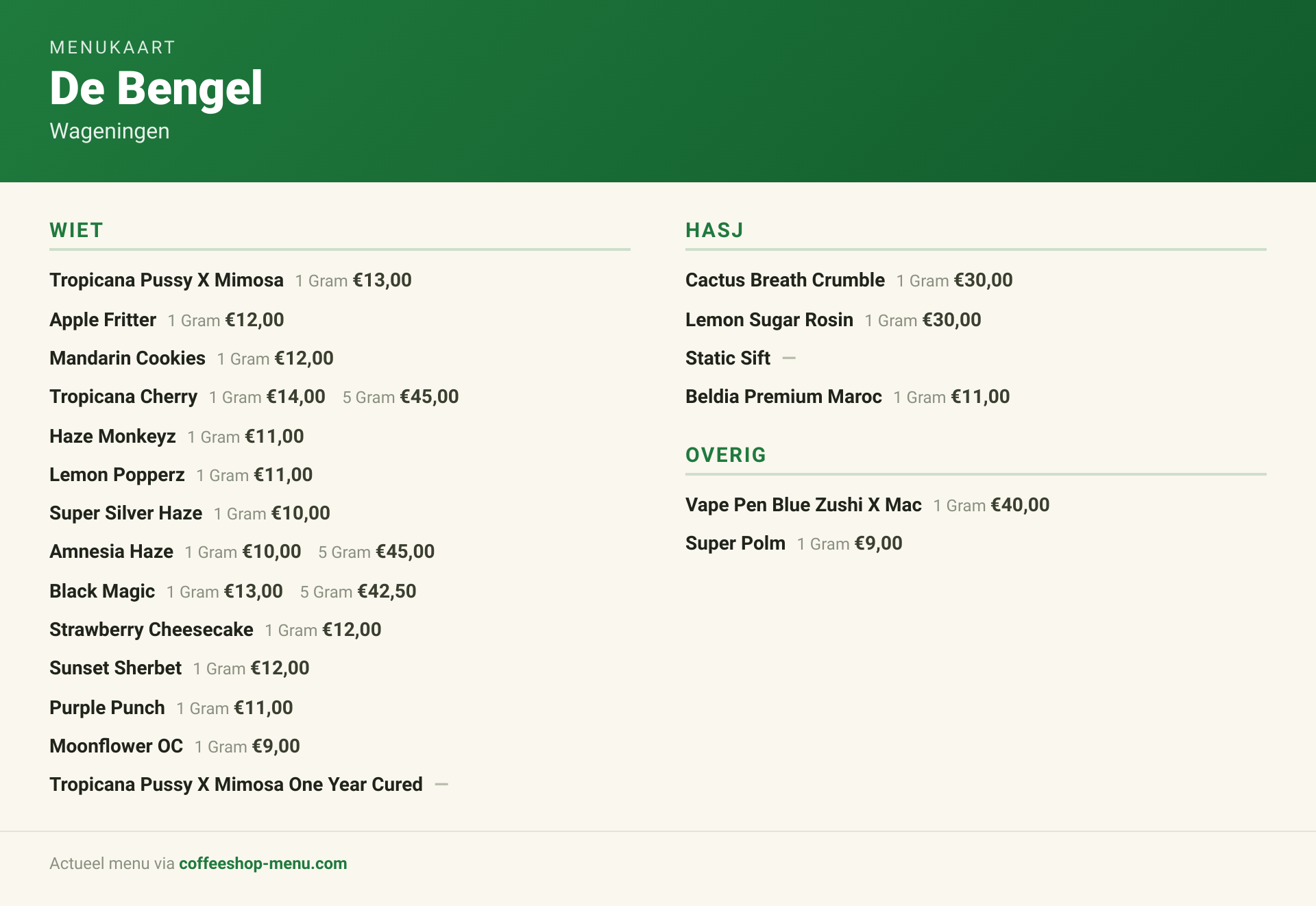 Menu bij De Bengel