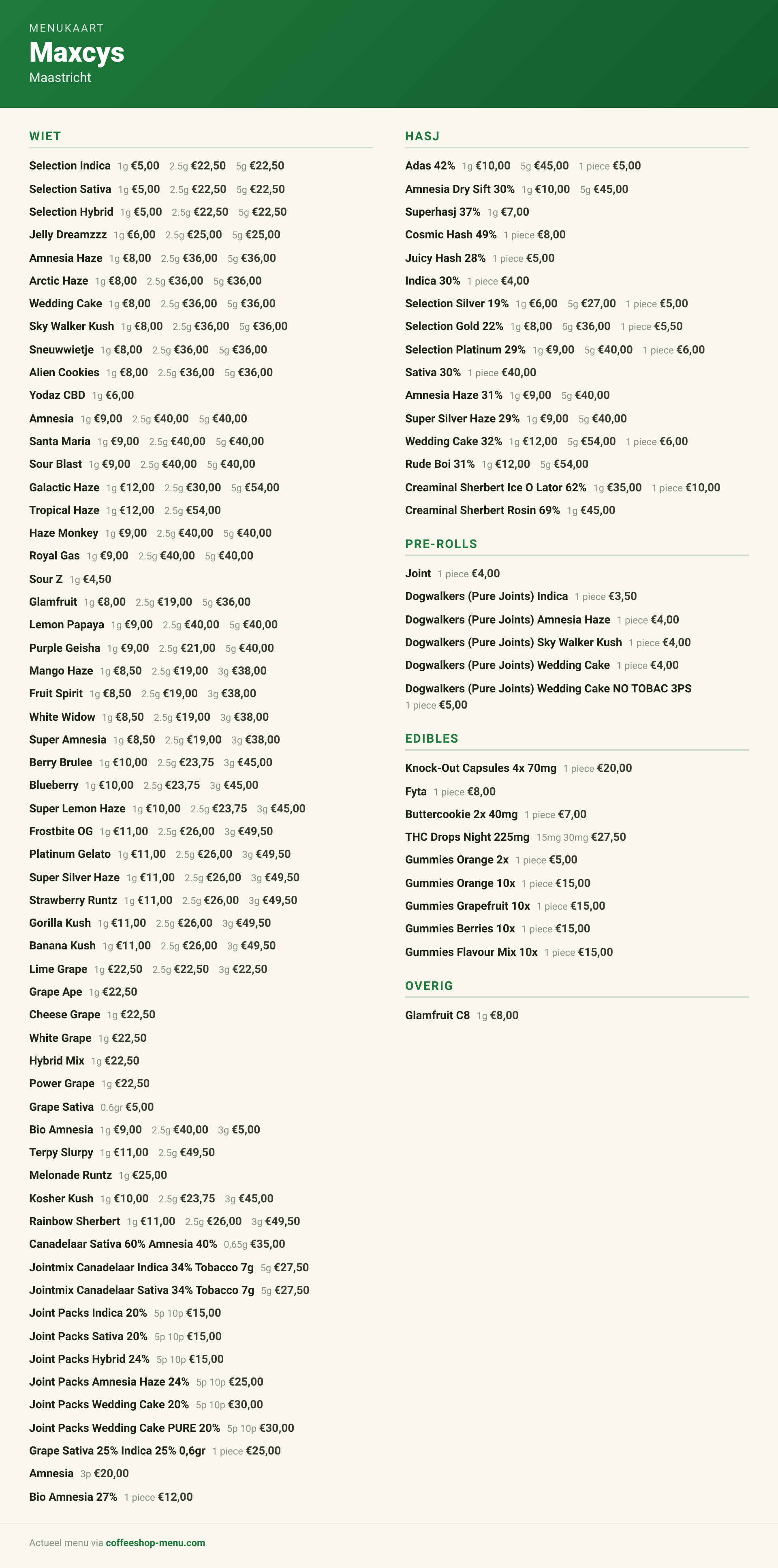 Menu bij Maxcys