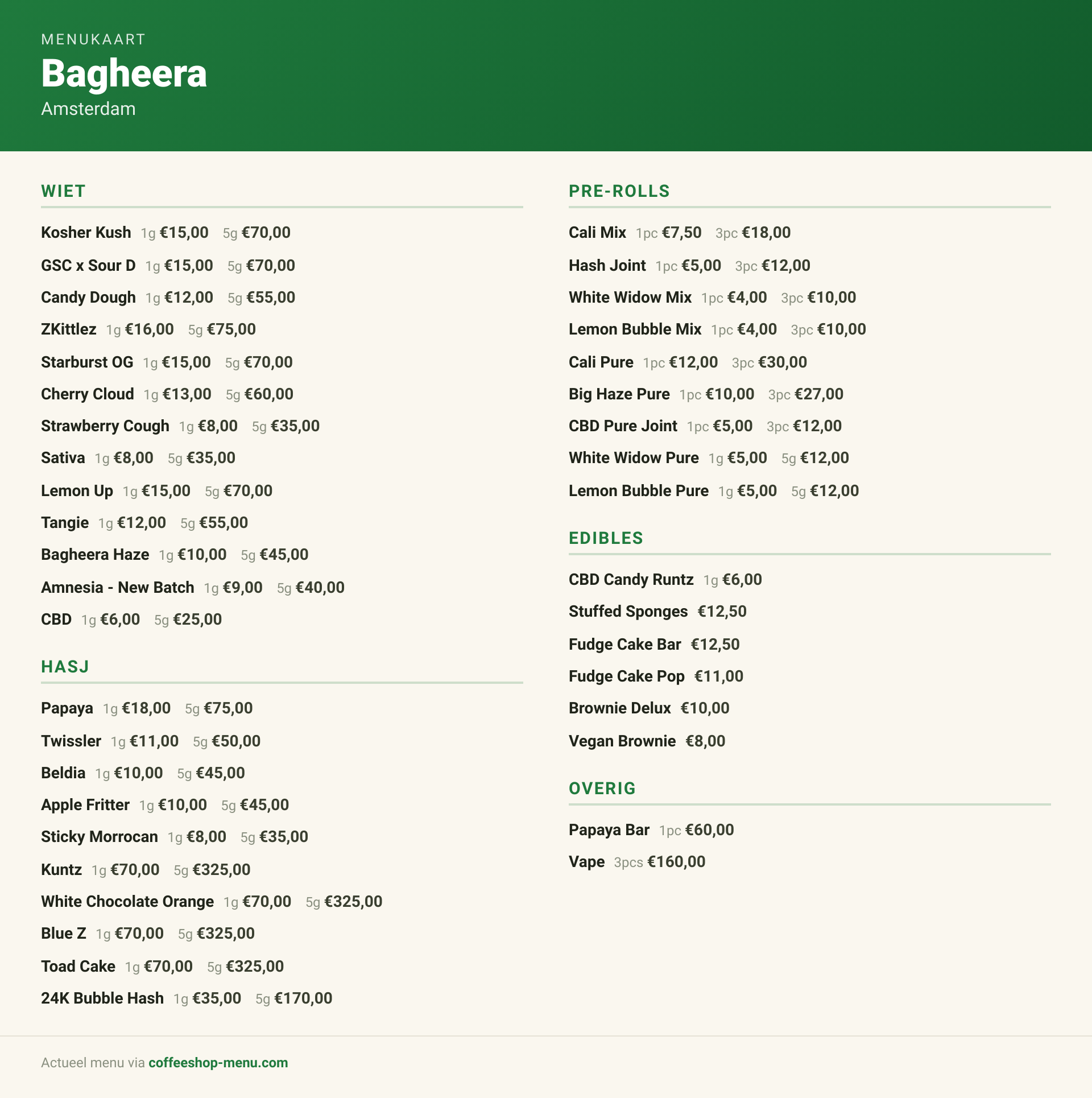 Menu bij Bagheera