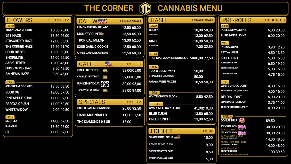 Menu bij The Corner