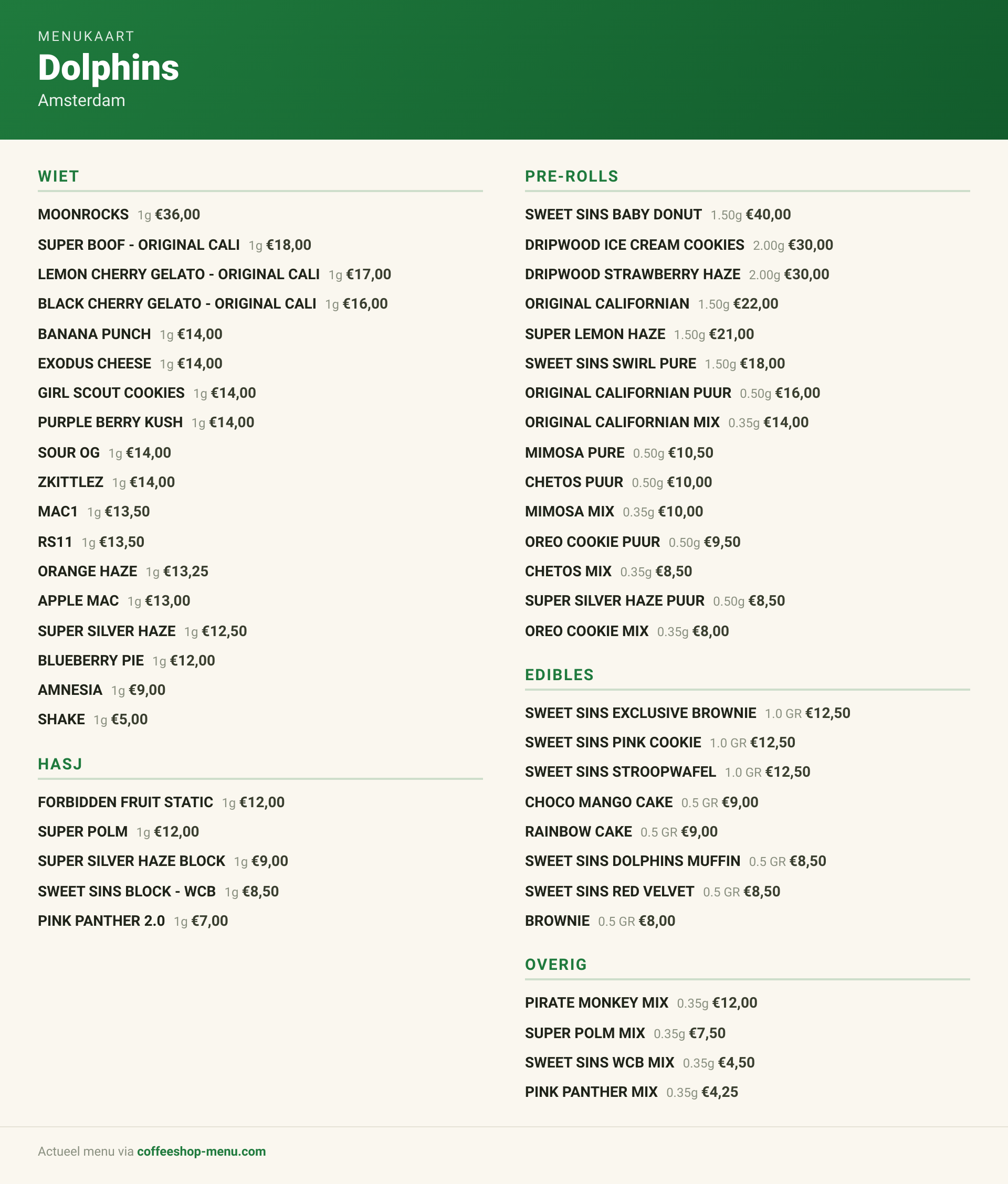 Menu bij Dolphins