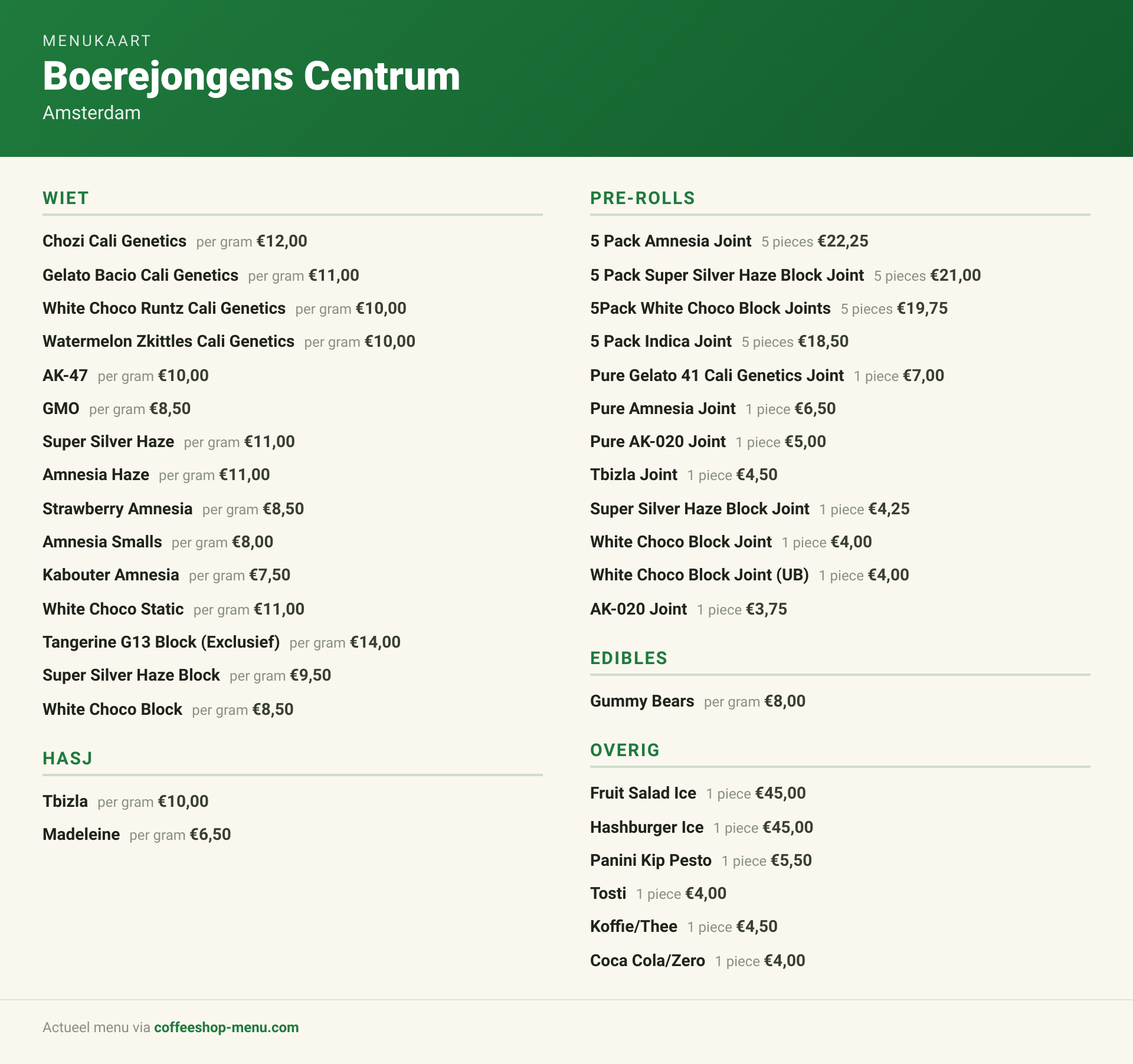 Menu bij Boerejongens Centrum