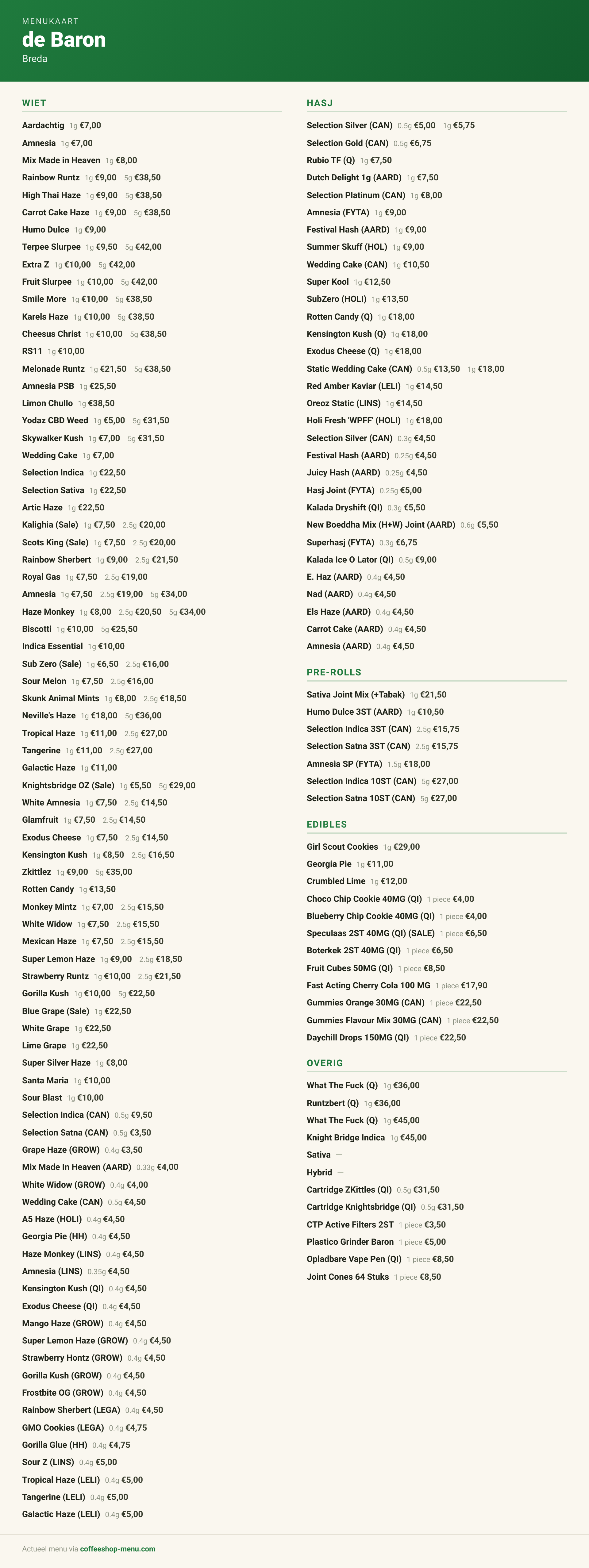 Menu bij de Baron
