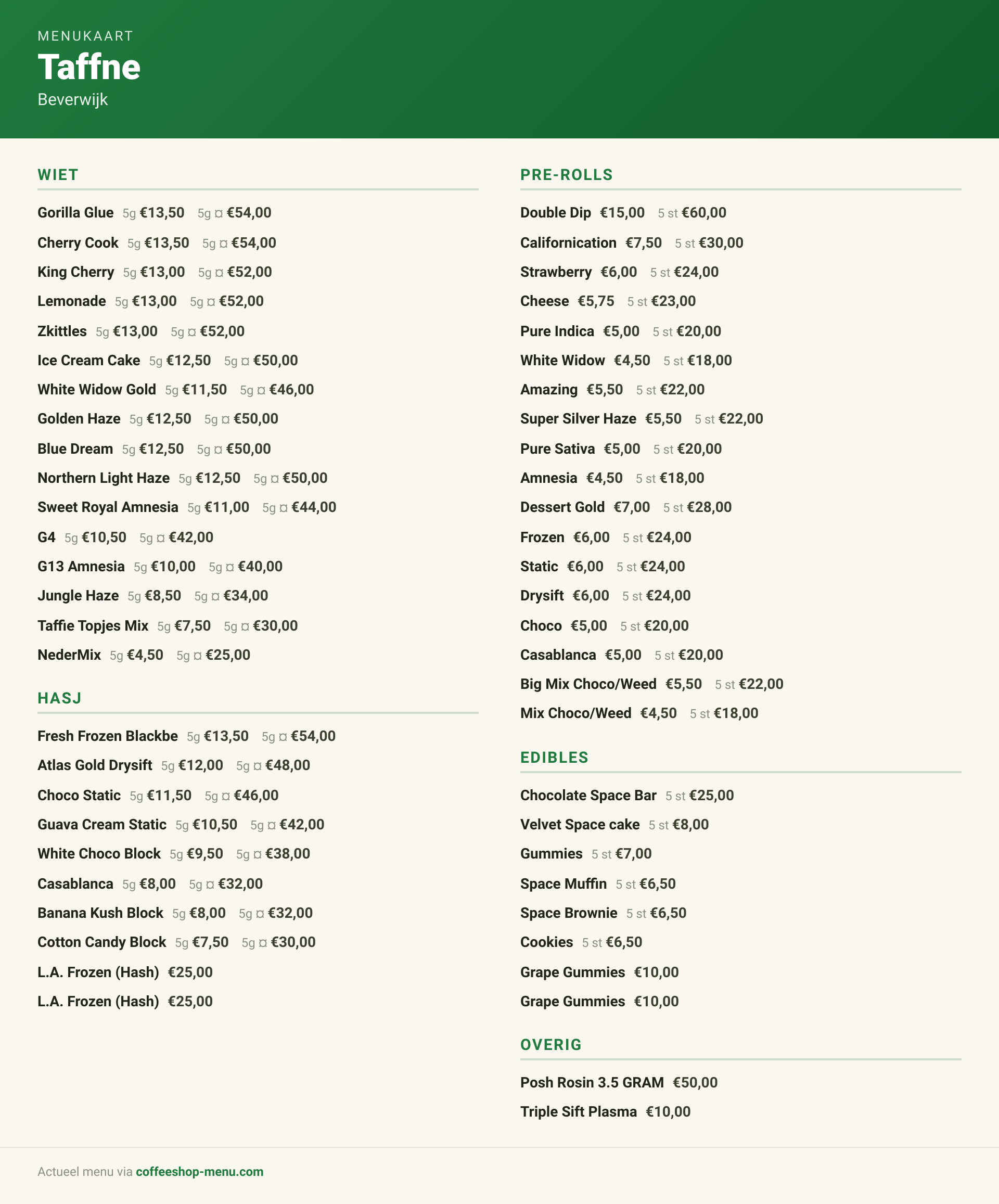 Menu bij Taffne