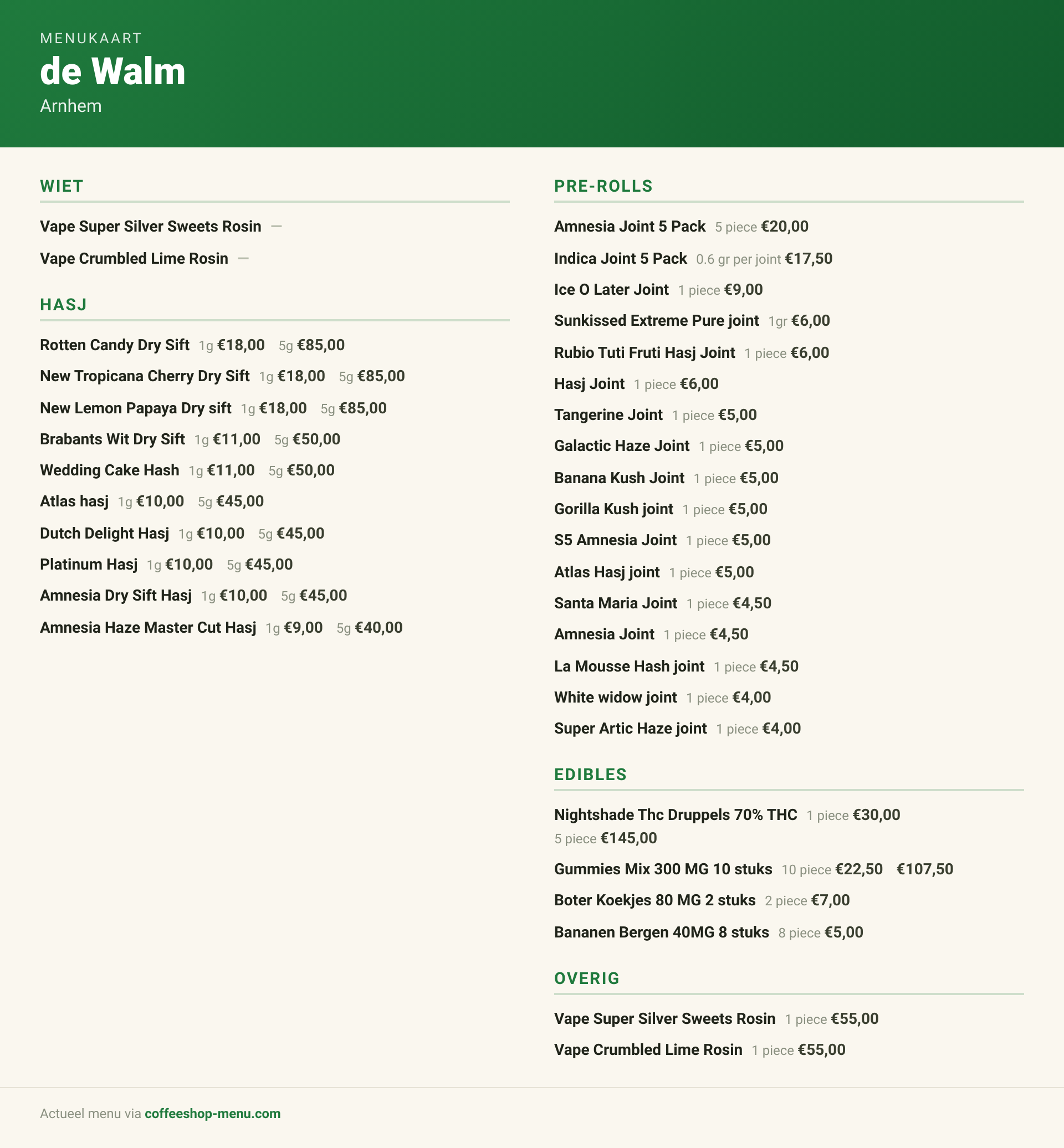 Menu bij de Walm