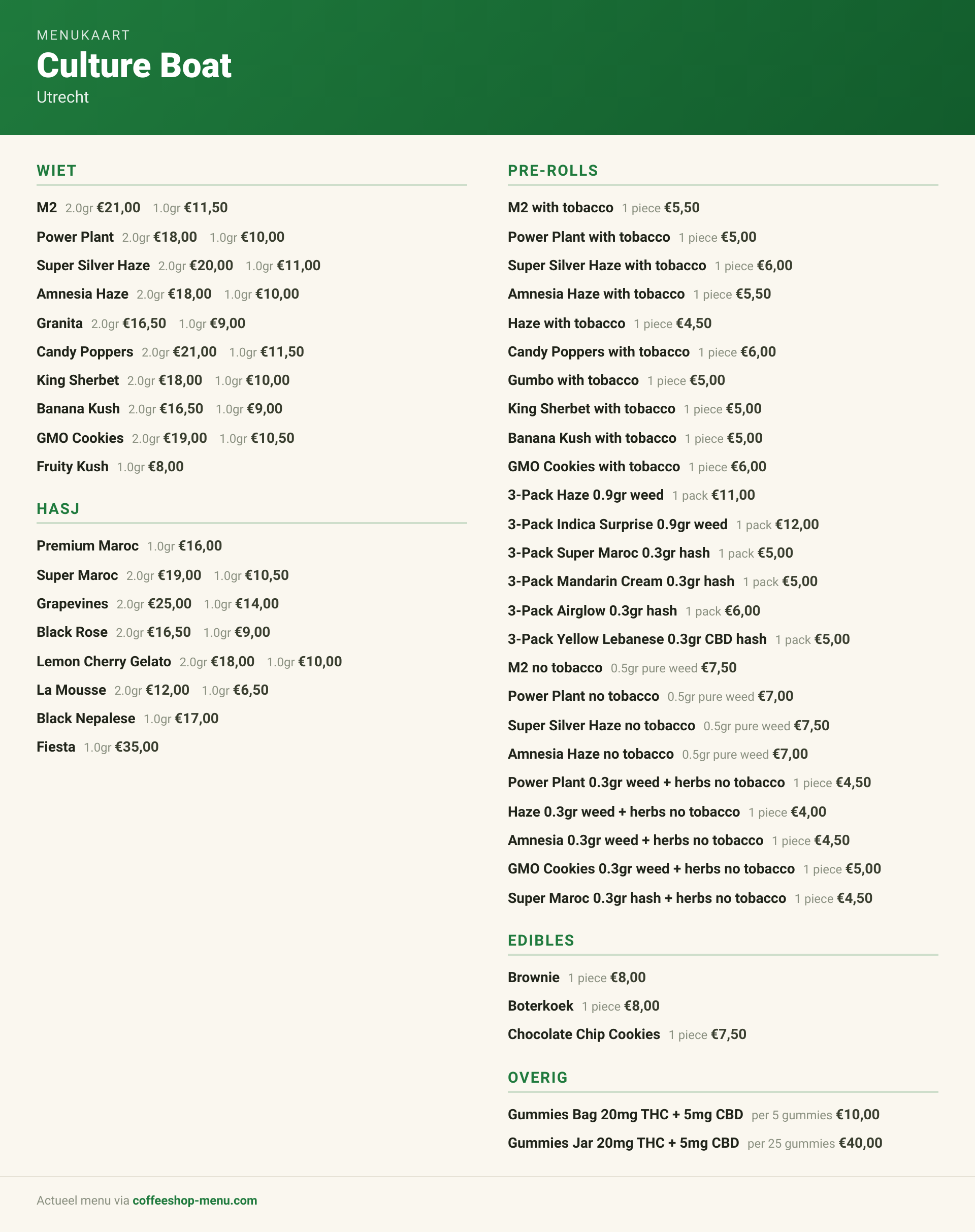Menu bij Culture Boat