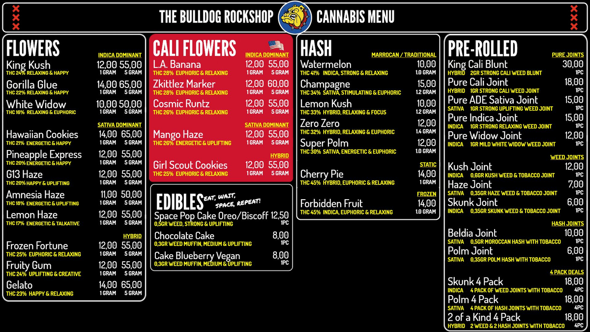 Menu bij The Bulldog Rock Shop