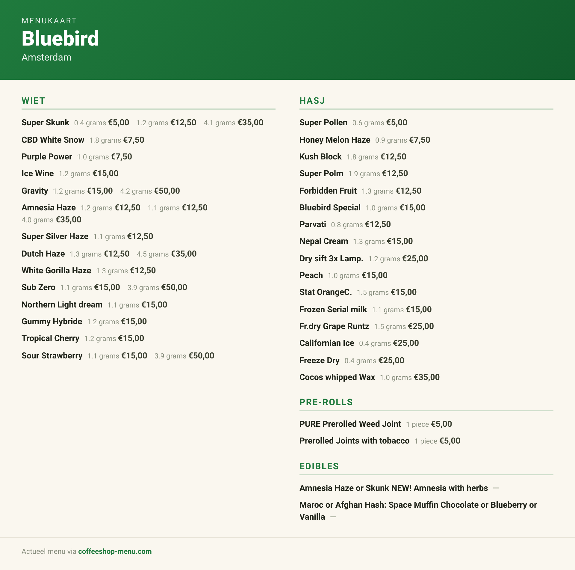 Menu bij Bluebird
