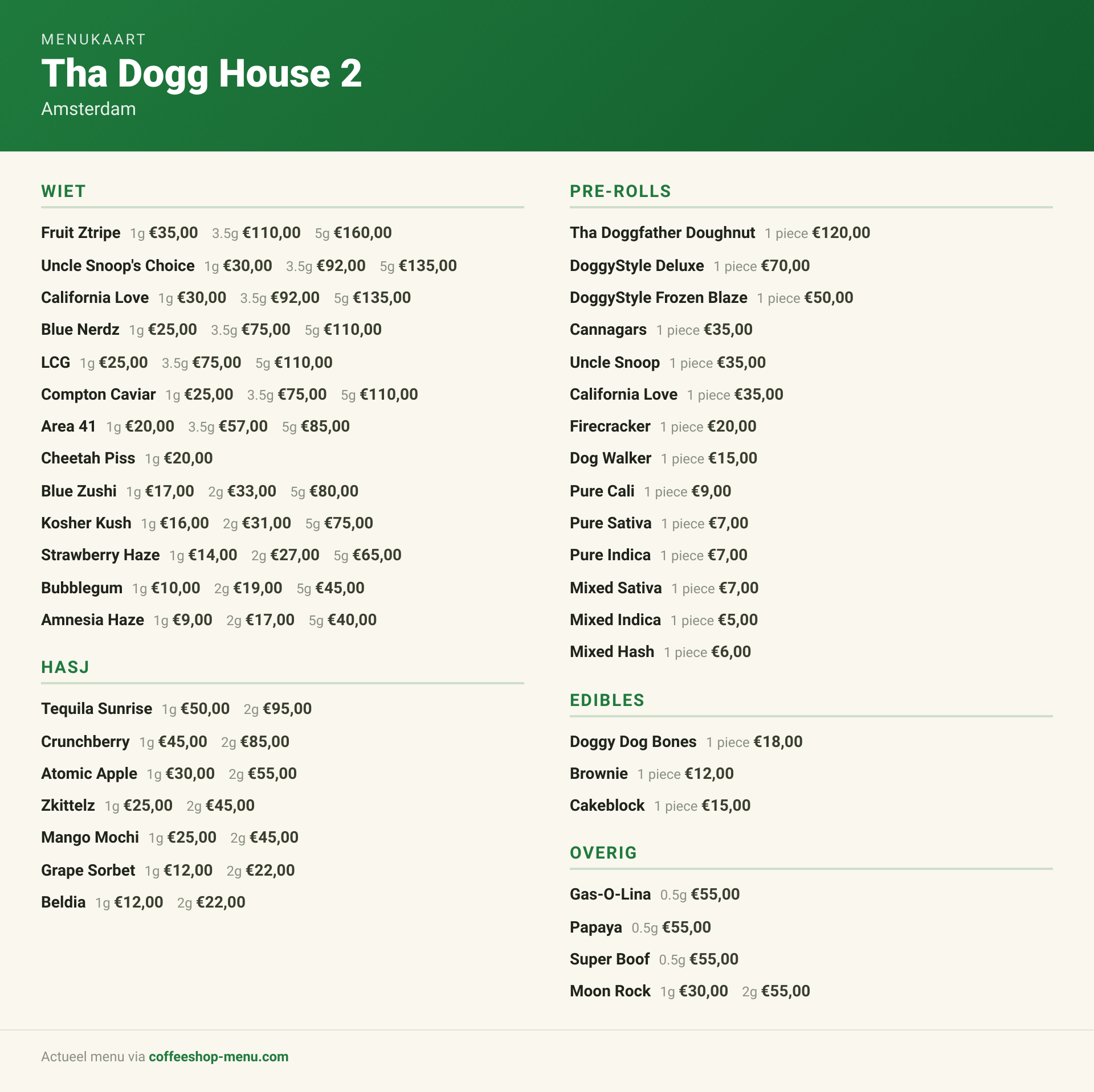 Menu bij Tha Dogg House 2
