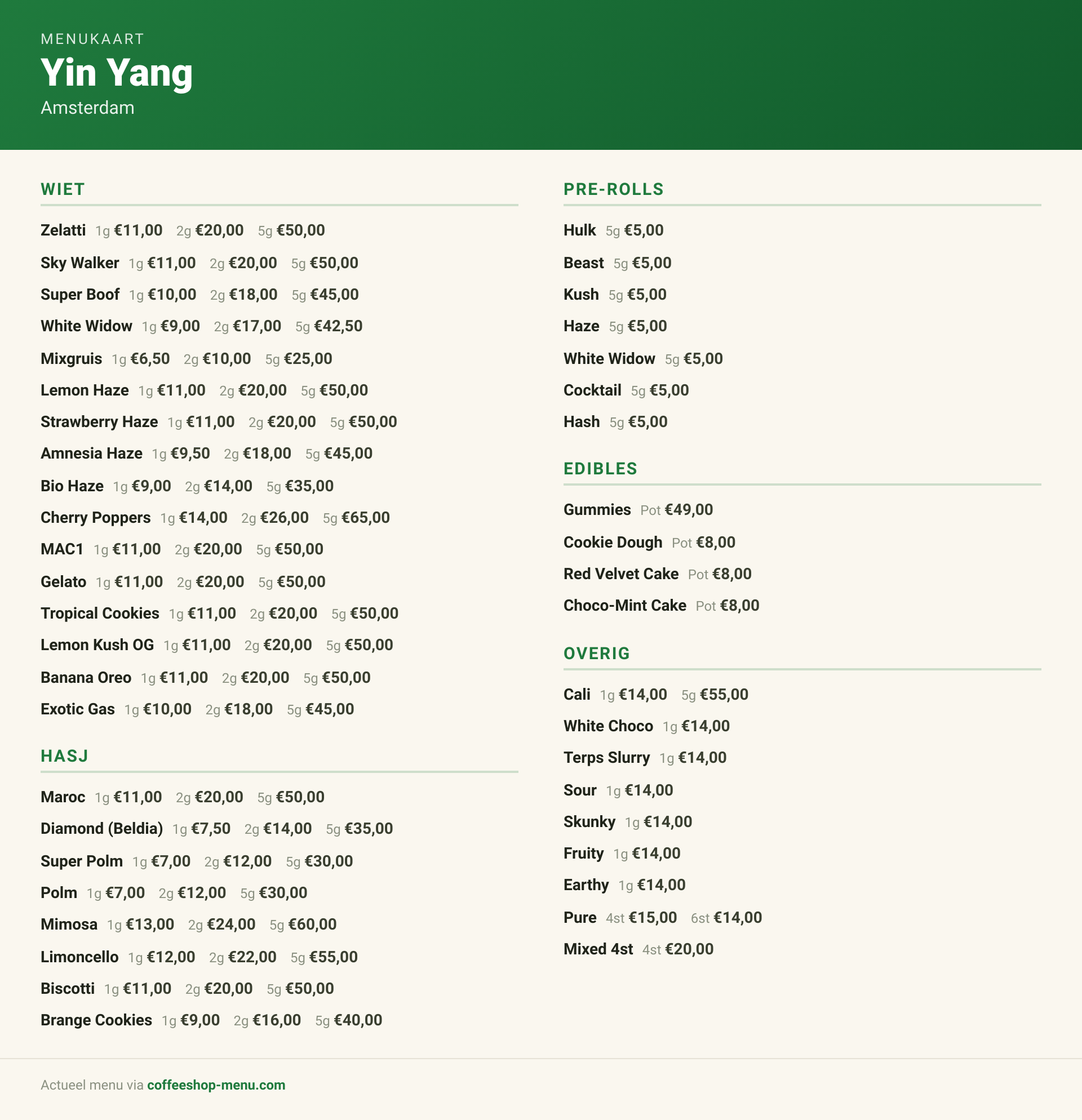 Menu bij Yin Yang