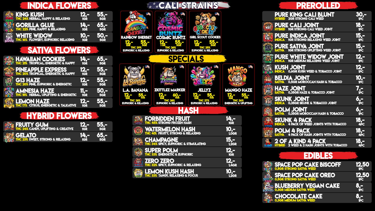 Menu bij The Bulldog Rock Shop