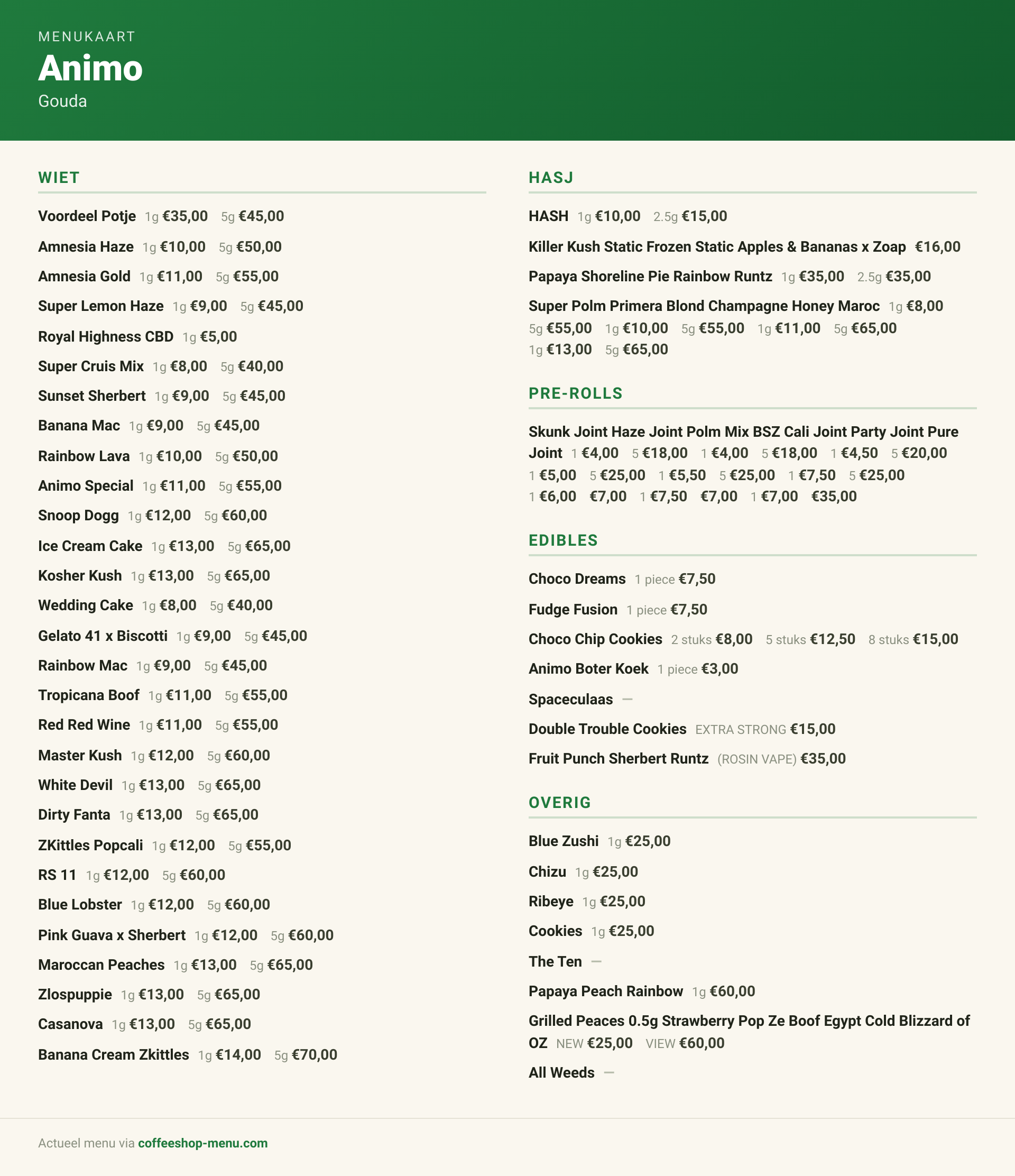 Menu bij Animo