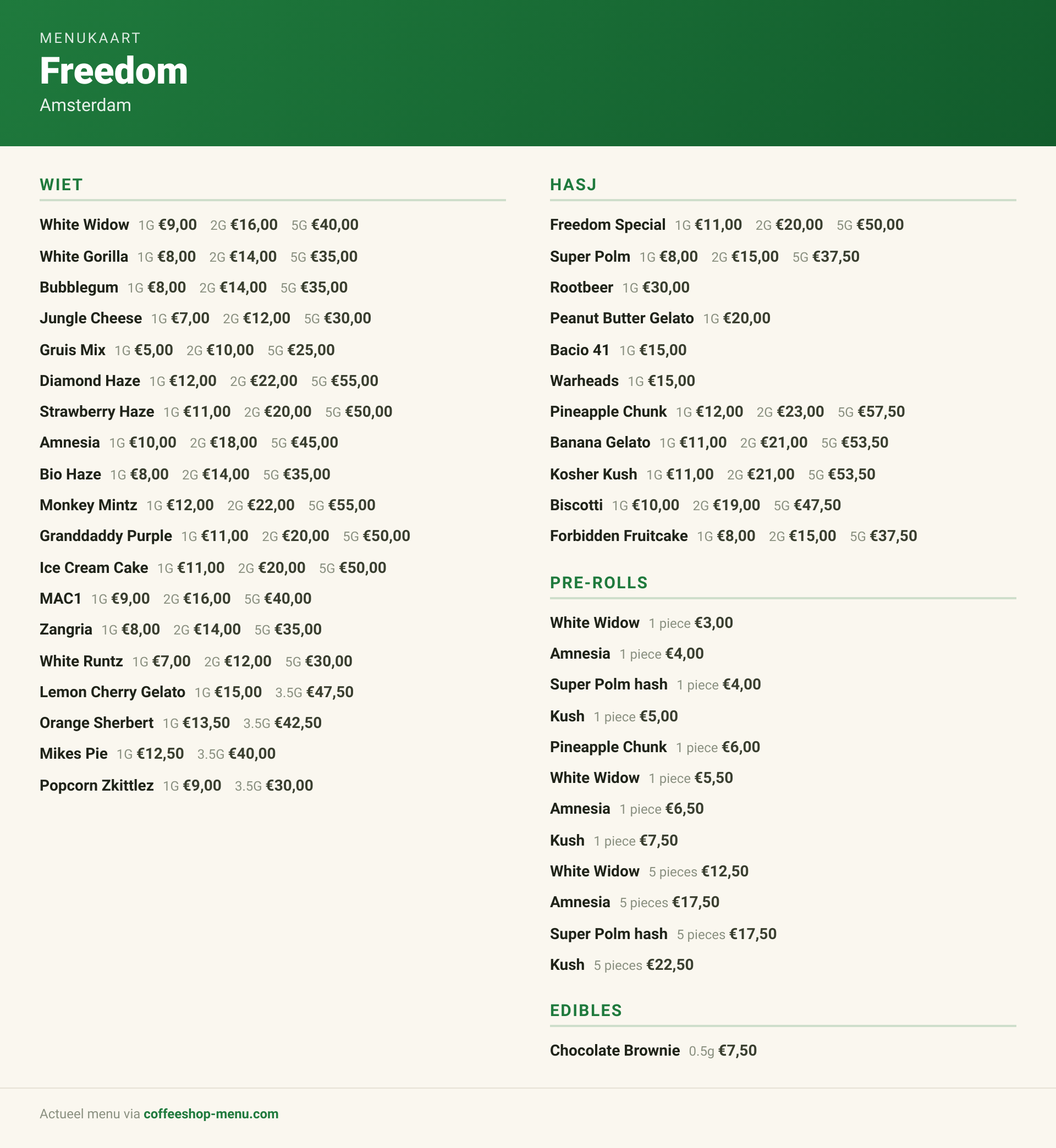 Menukaart van Freedom