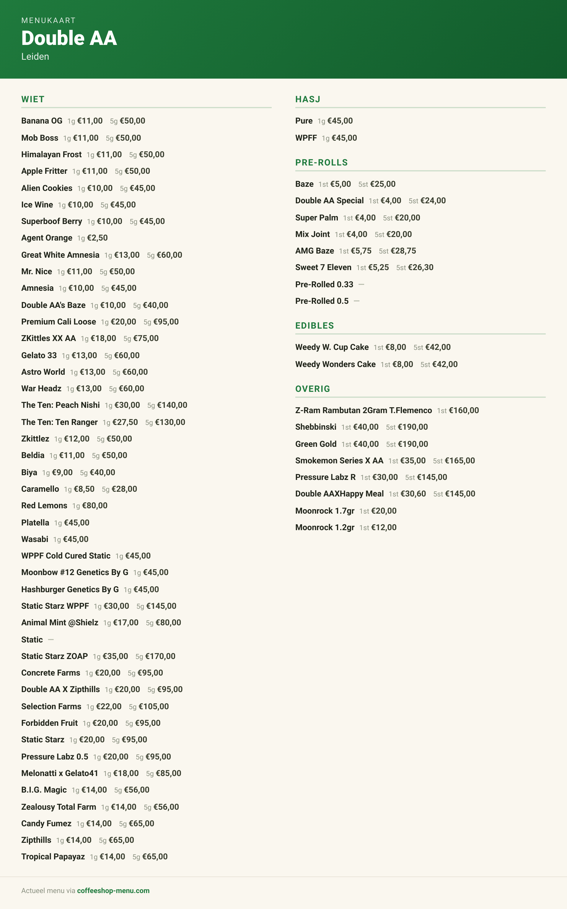 Menu bij Double AA