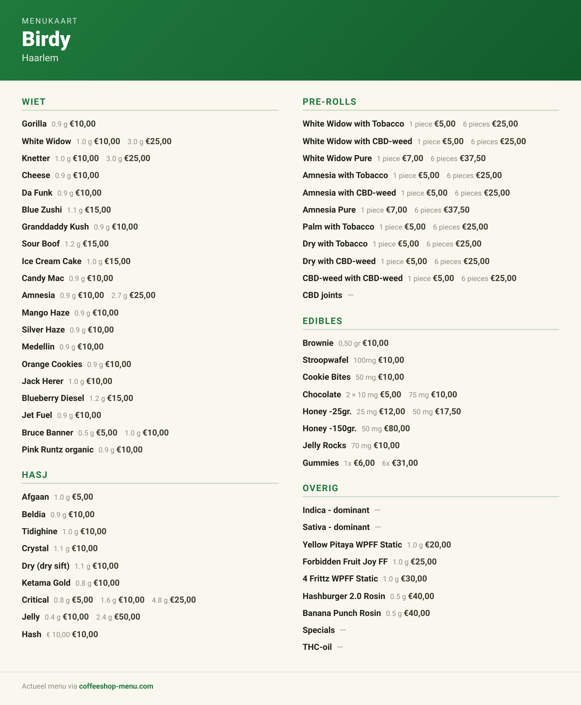 Menu bij Birdy