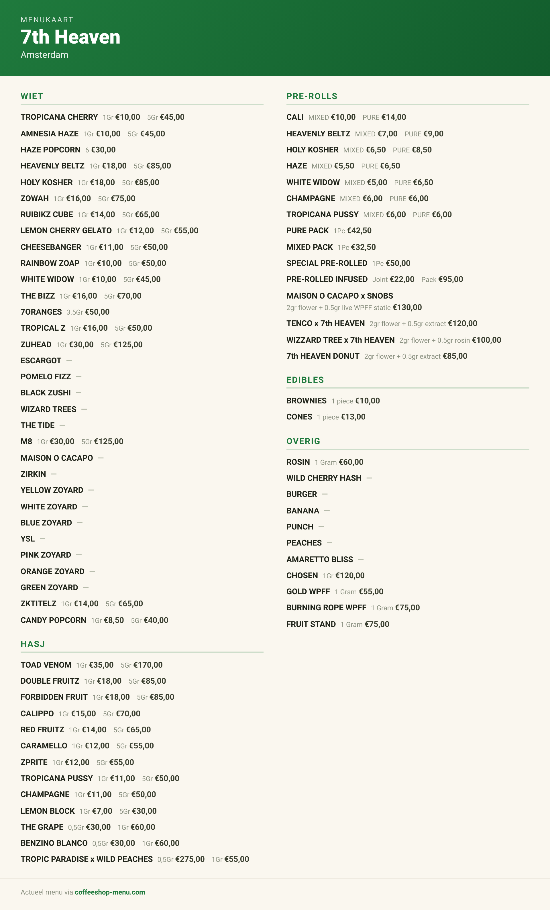 Menu bij 7th Heaven