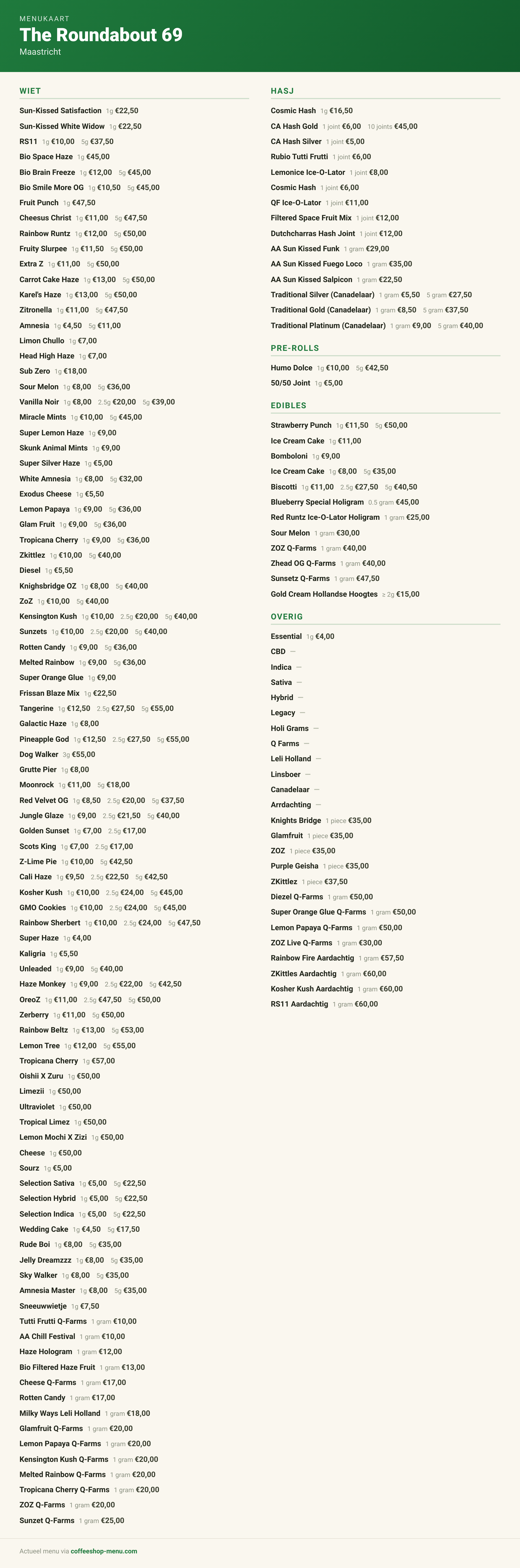 Menu bij The Roundabout 69
