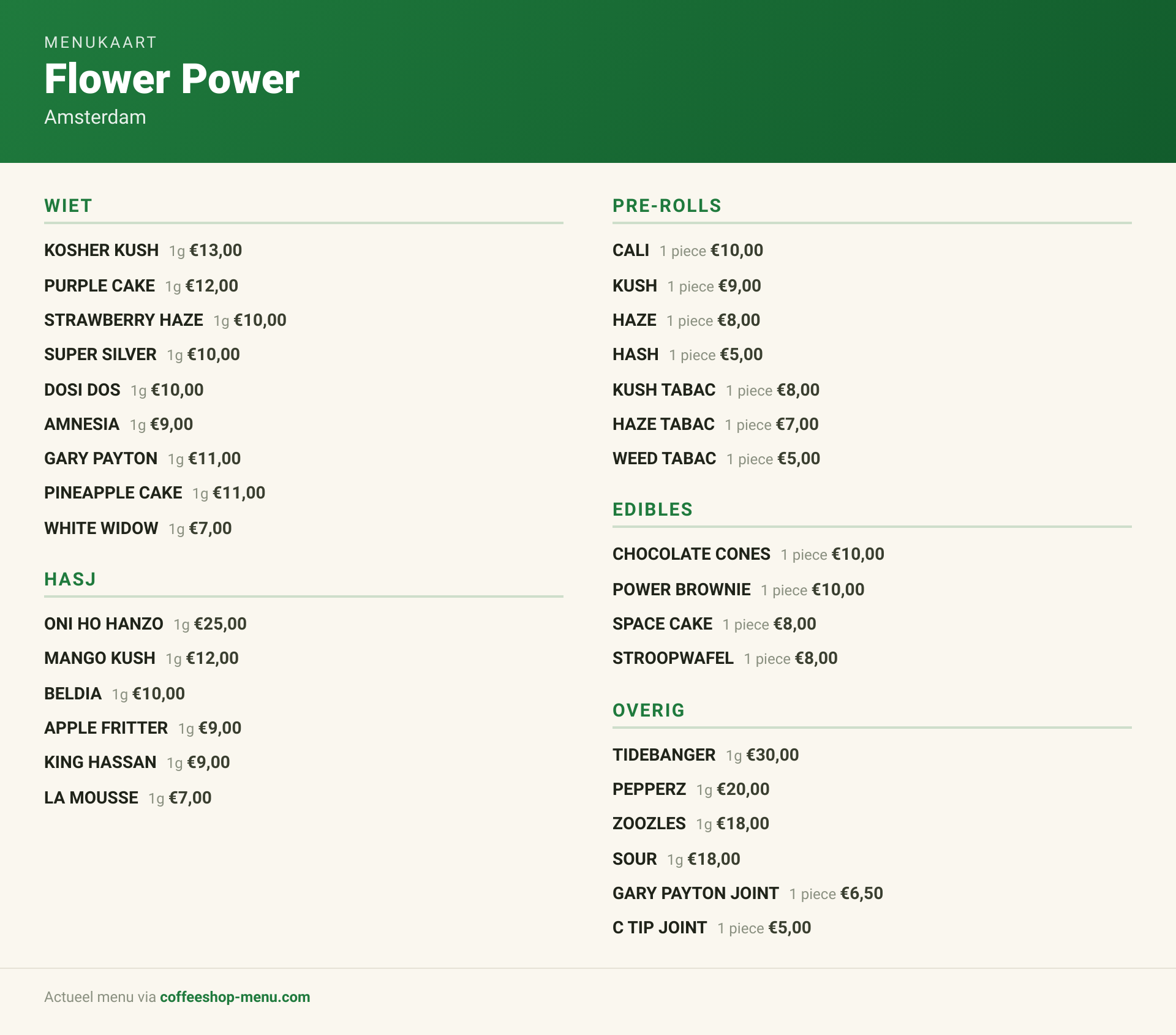 Menu bij Flower Power