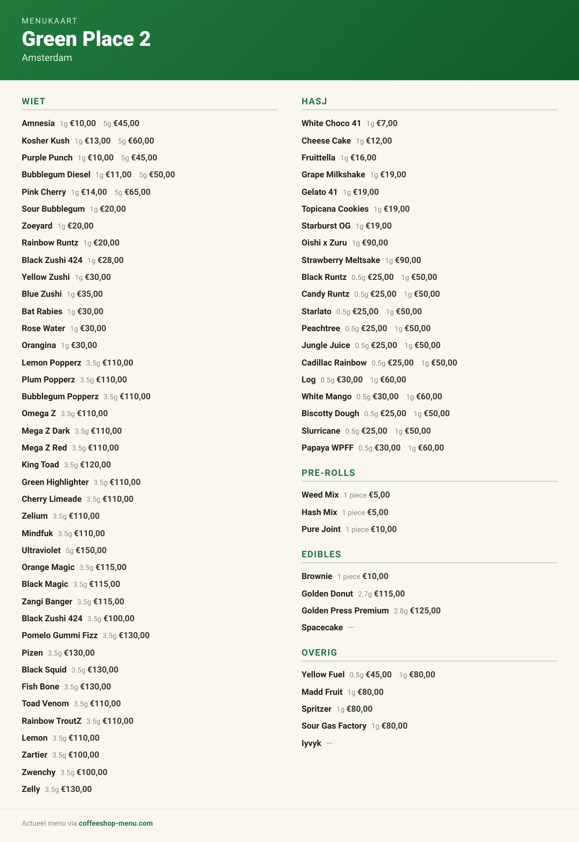 Menu bij Green Place 2