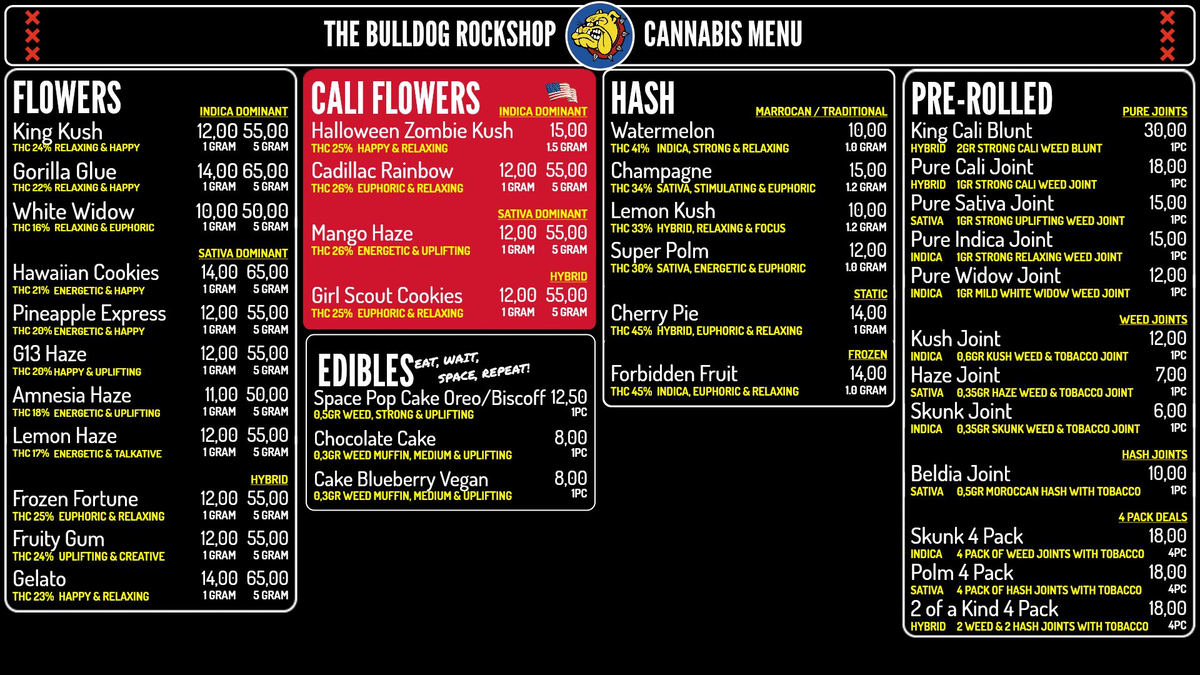 Menukaart van The Bulldog Rock Shop