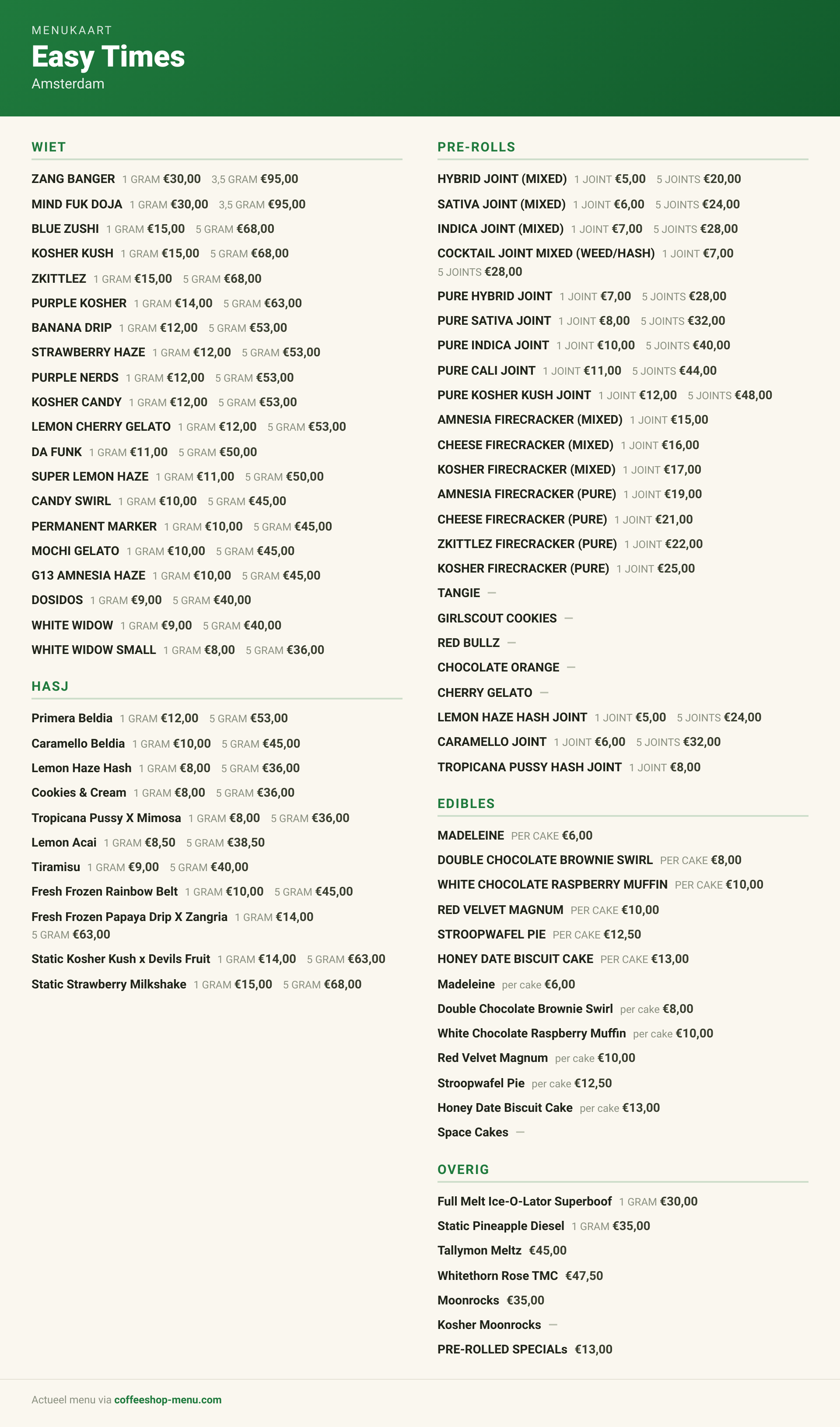 Menu bij Easy Times