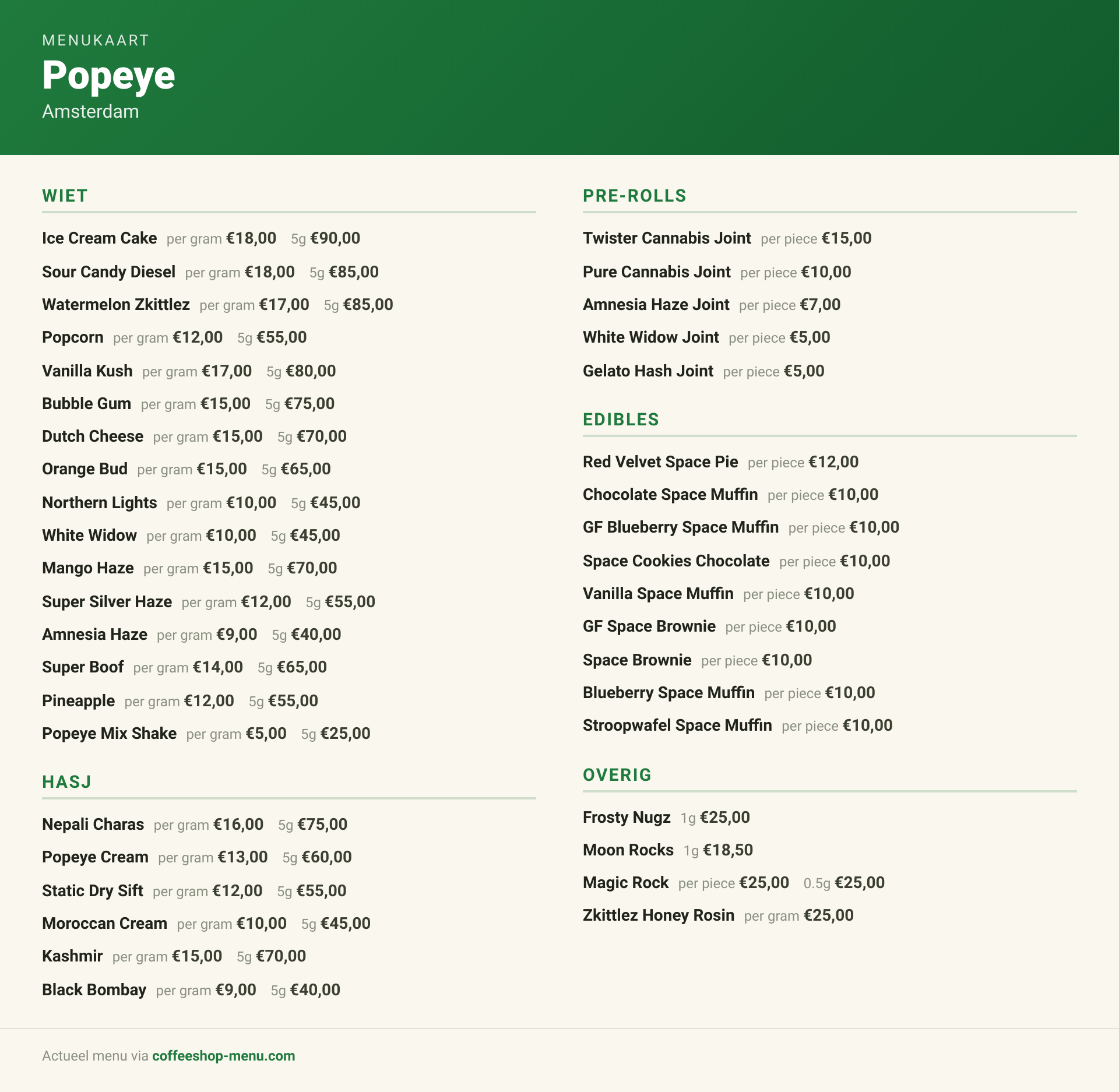 Menu bij Popeye