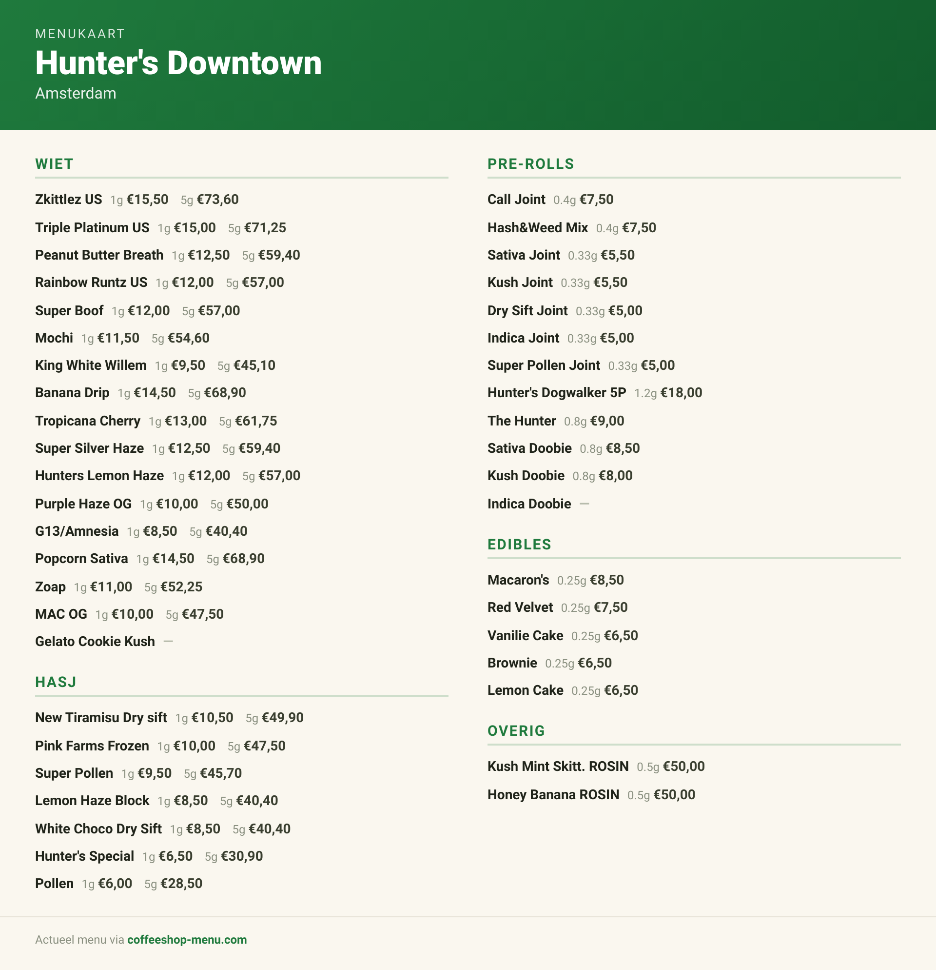 Menu bij Hunter's Downtown
