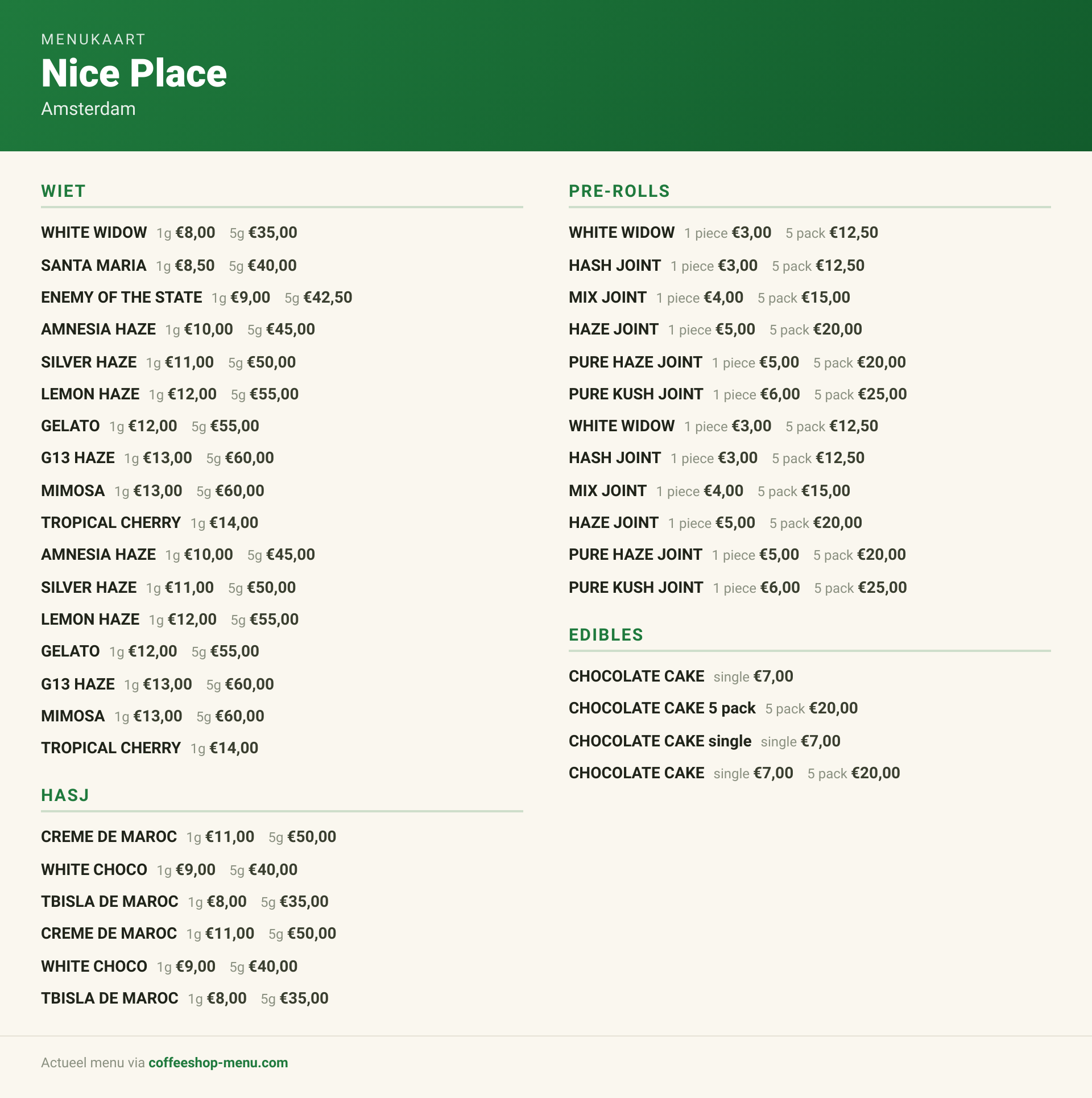 Menu bij Nice Place