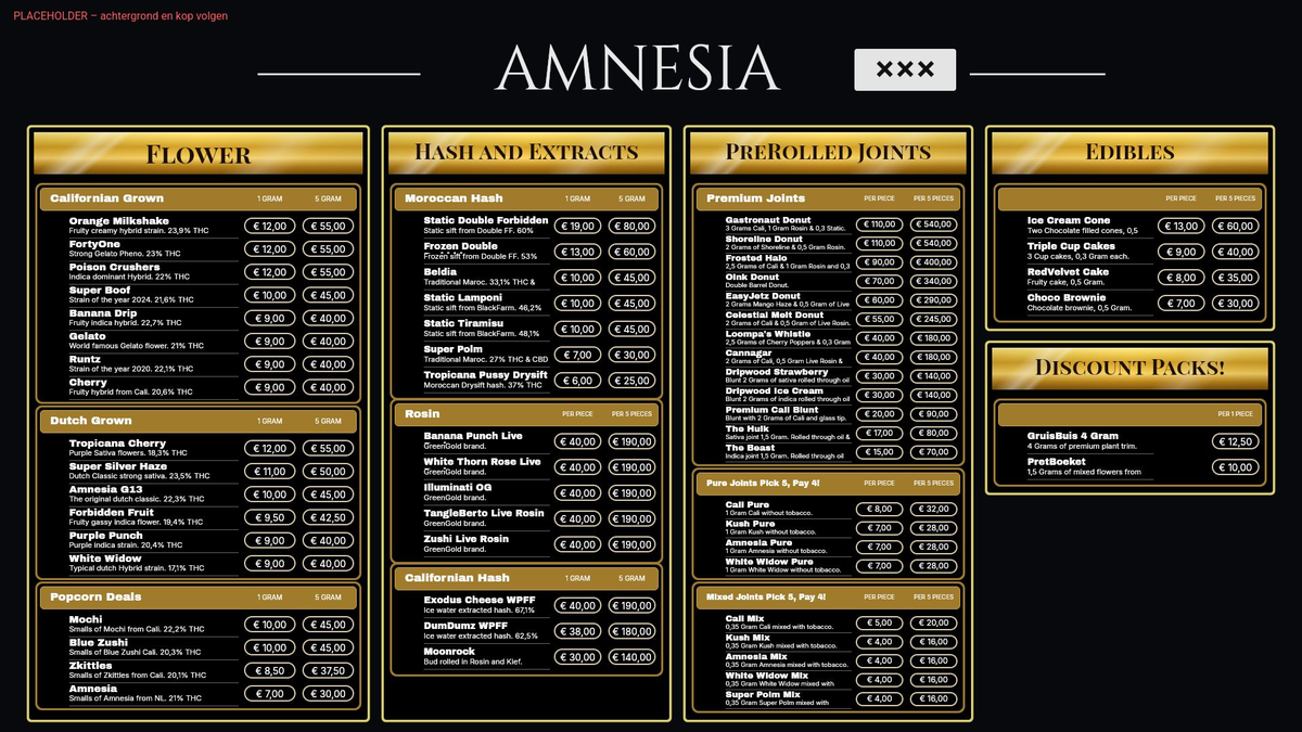 Menu bij Amnesia