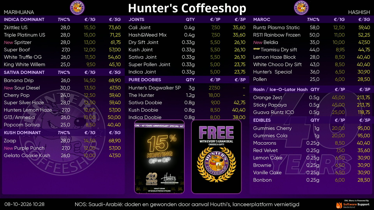 Menu bij Hunter's Zandvoort