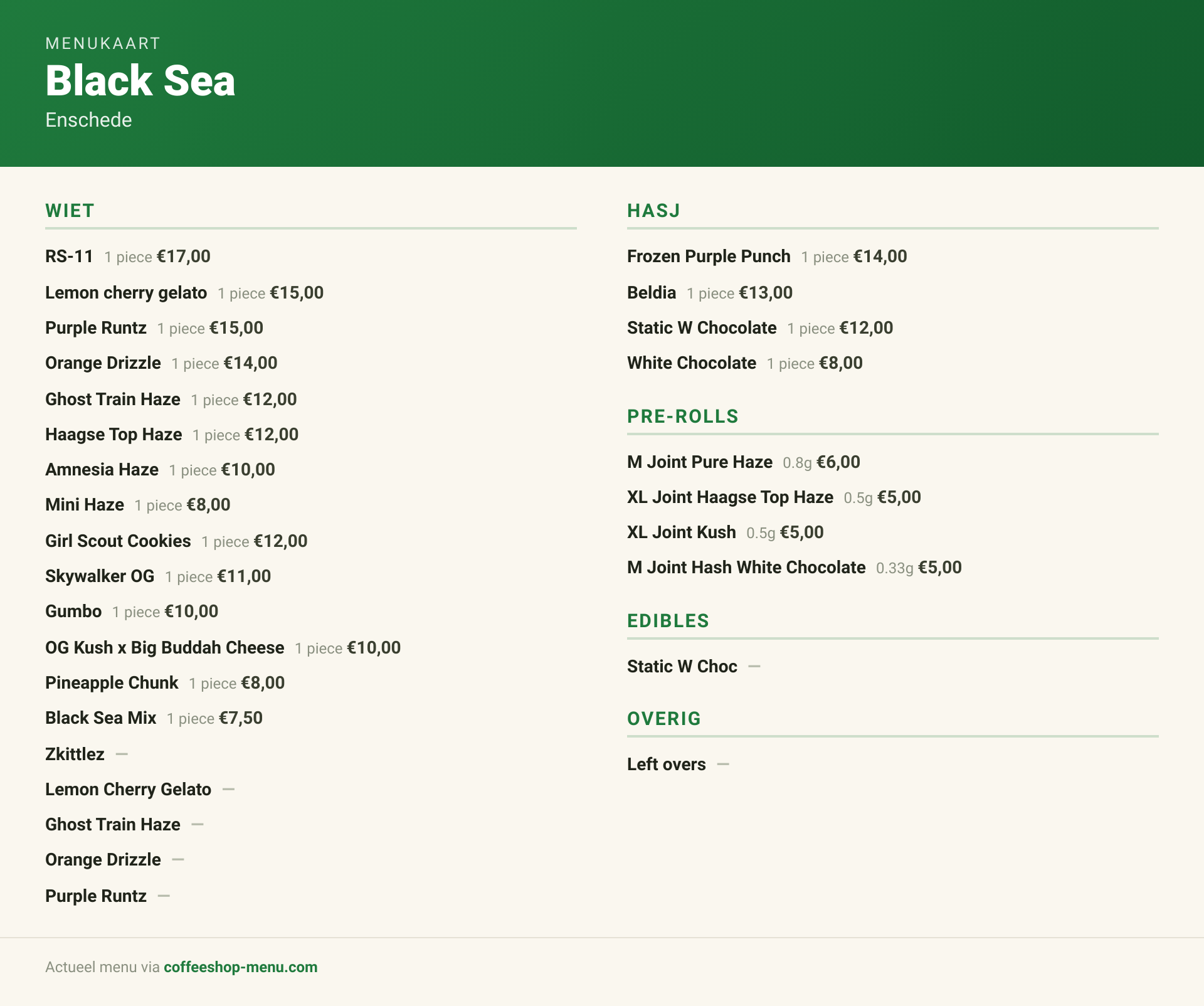 Menu bij Black Sea