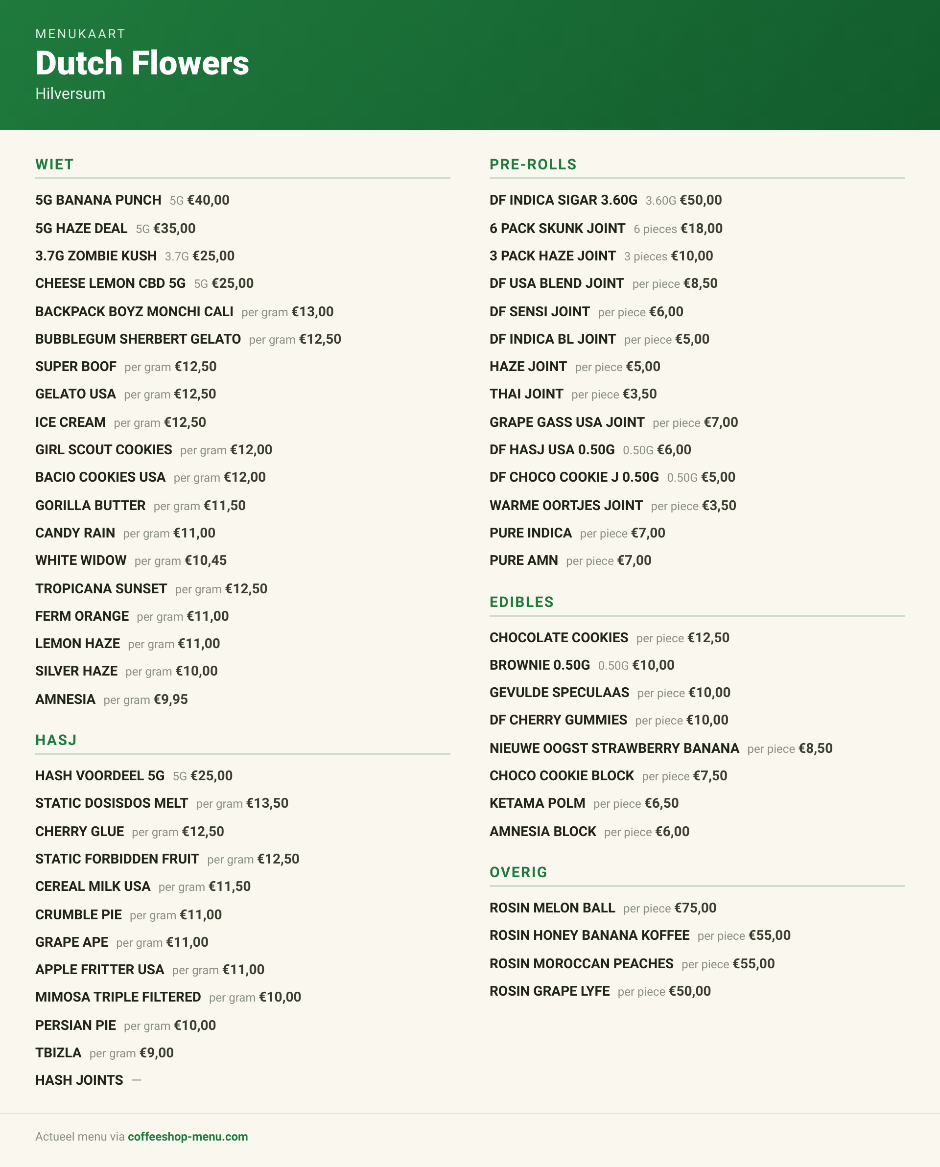 Menu bij Dutch Flowers