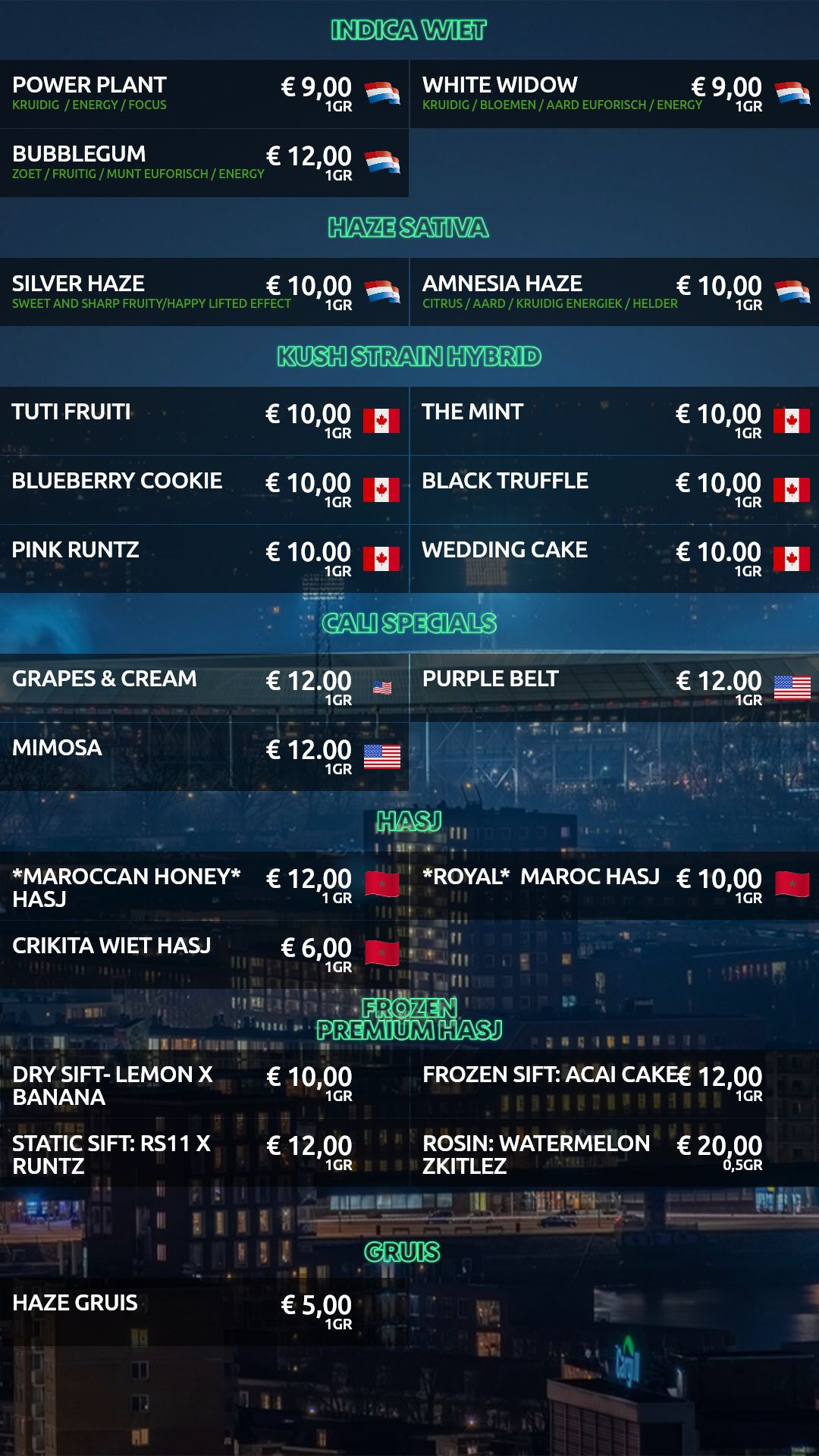 Menu bij Dreams
