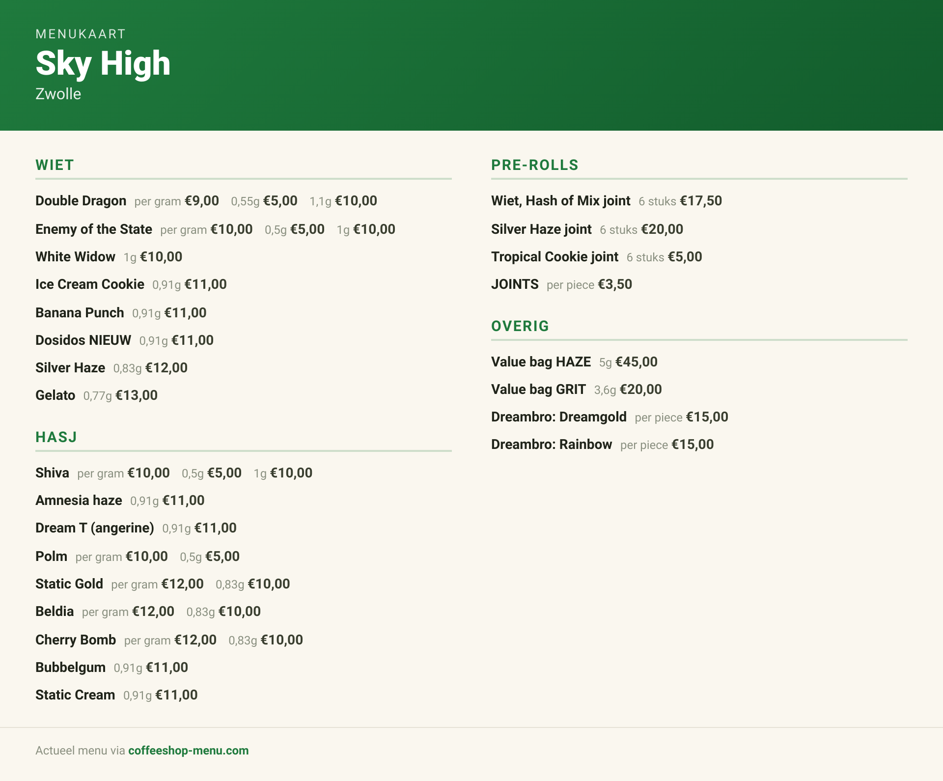 Menu bij Sky High