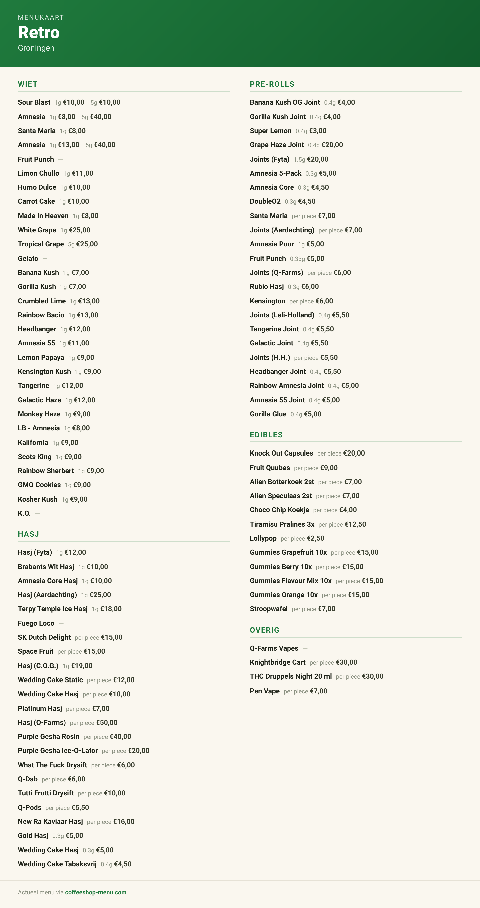 Menu bij Retro