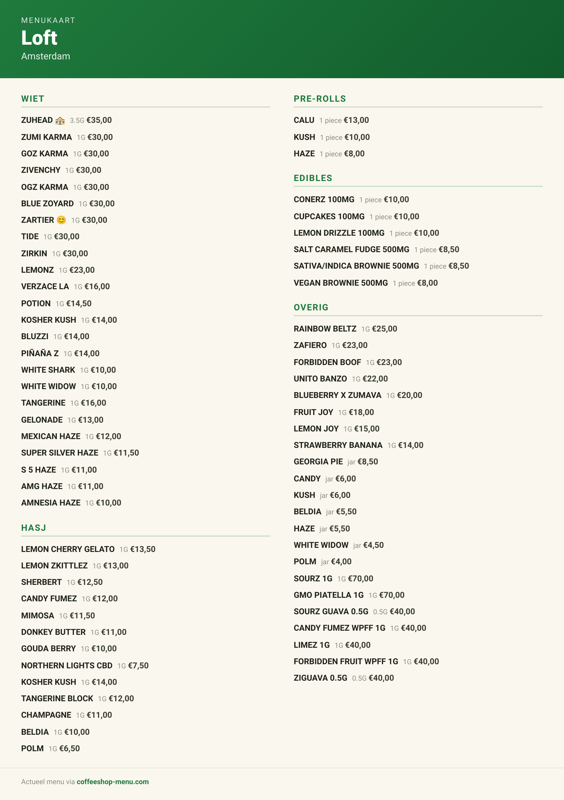 Menu bij Loft