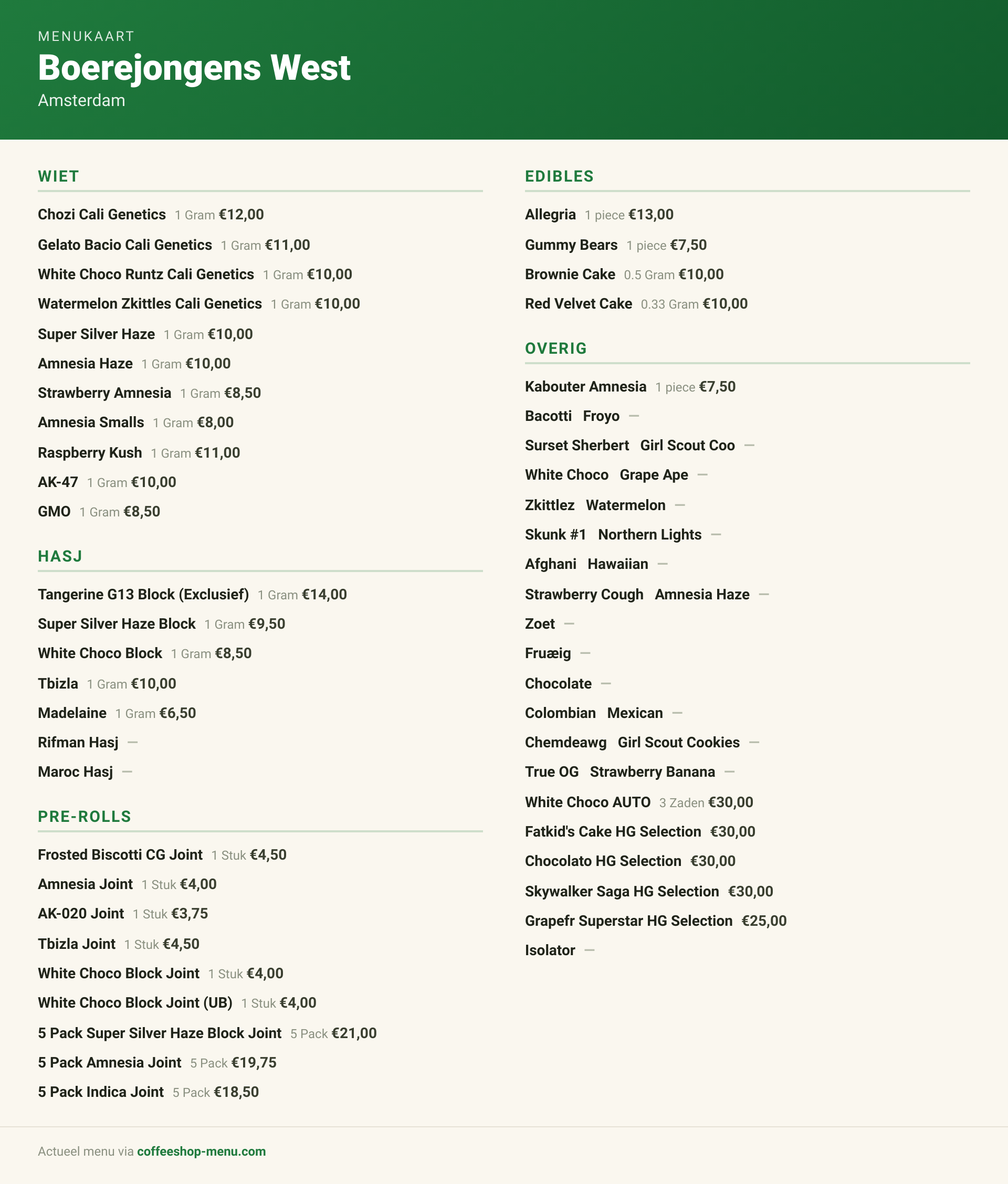 Menu bij Boerejongens West