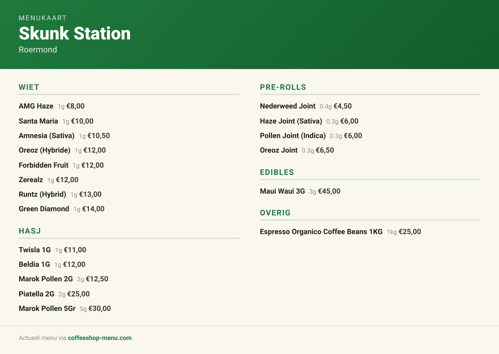Menu bij Skunk Station