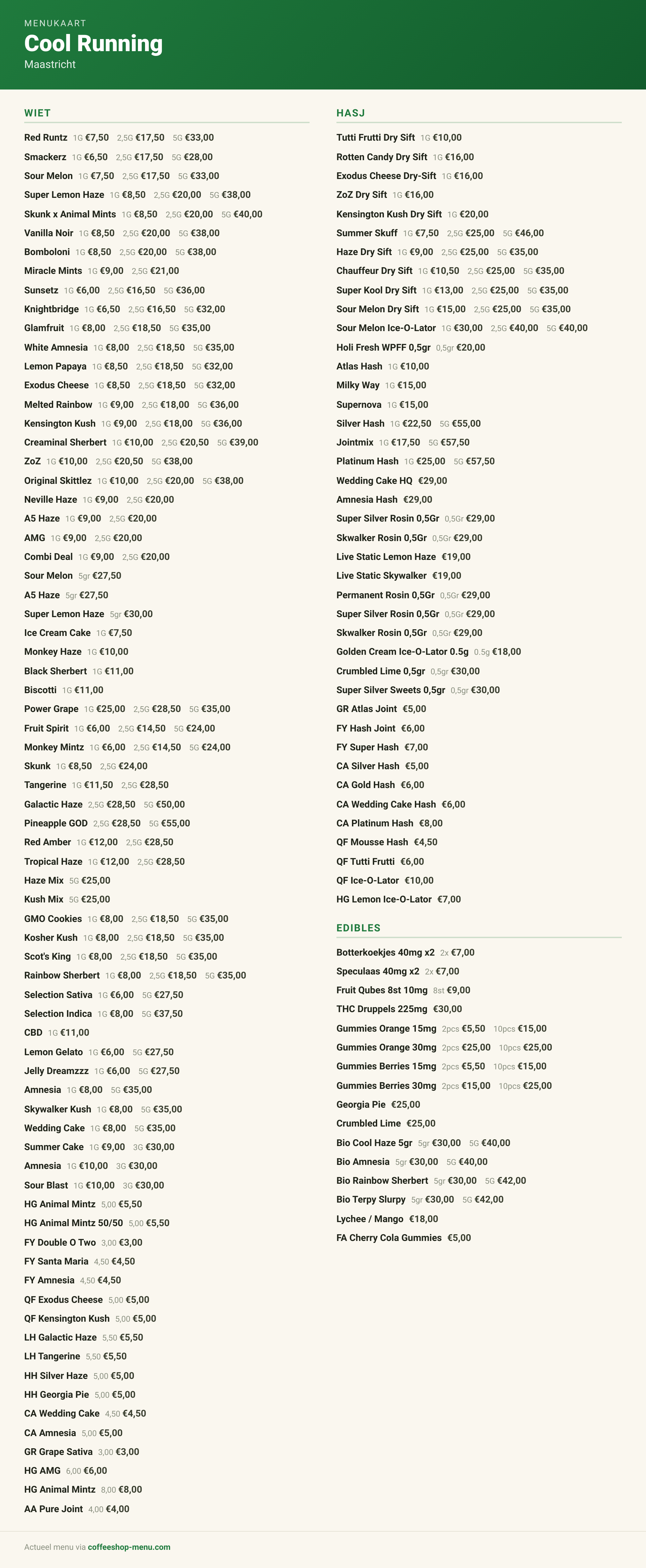 Menu bij Cool Running