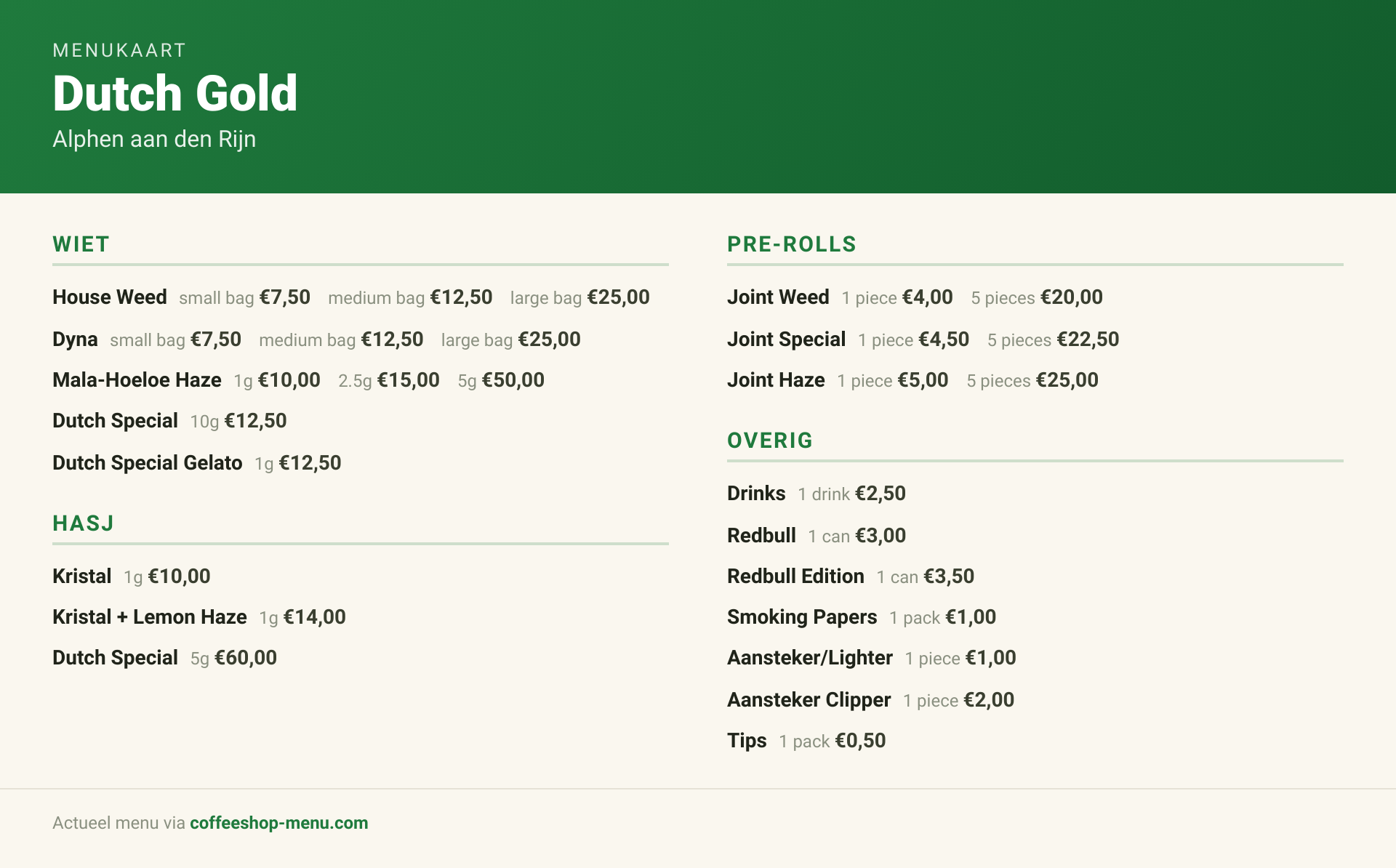 Menu bij Dutch Gold