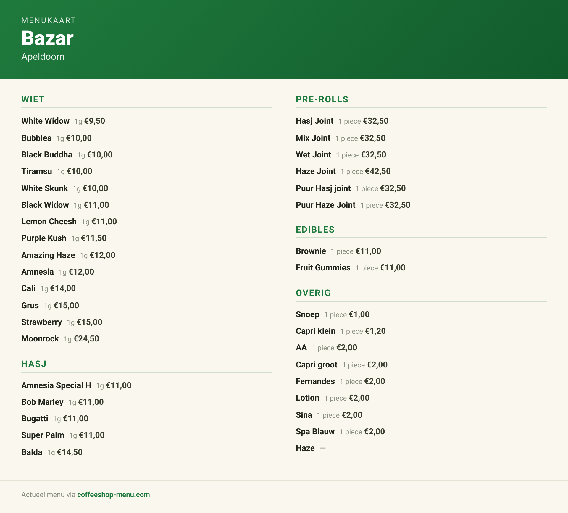 Menu bij Bazar