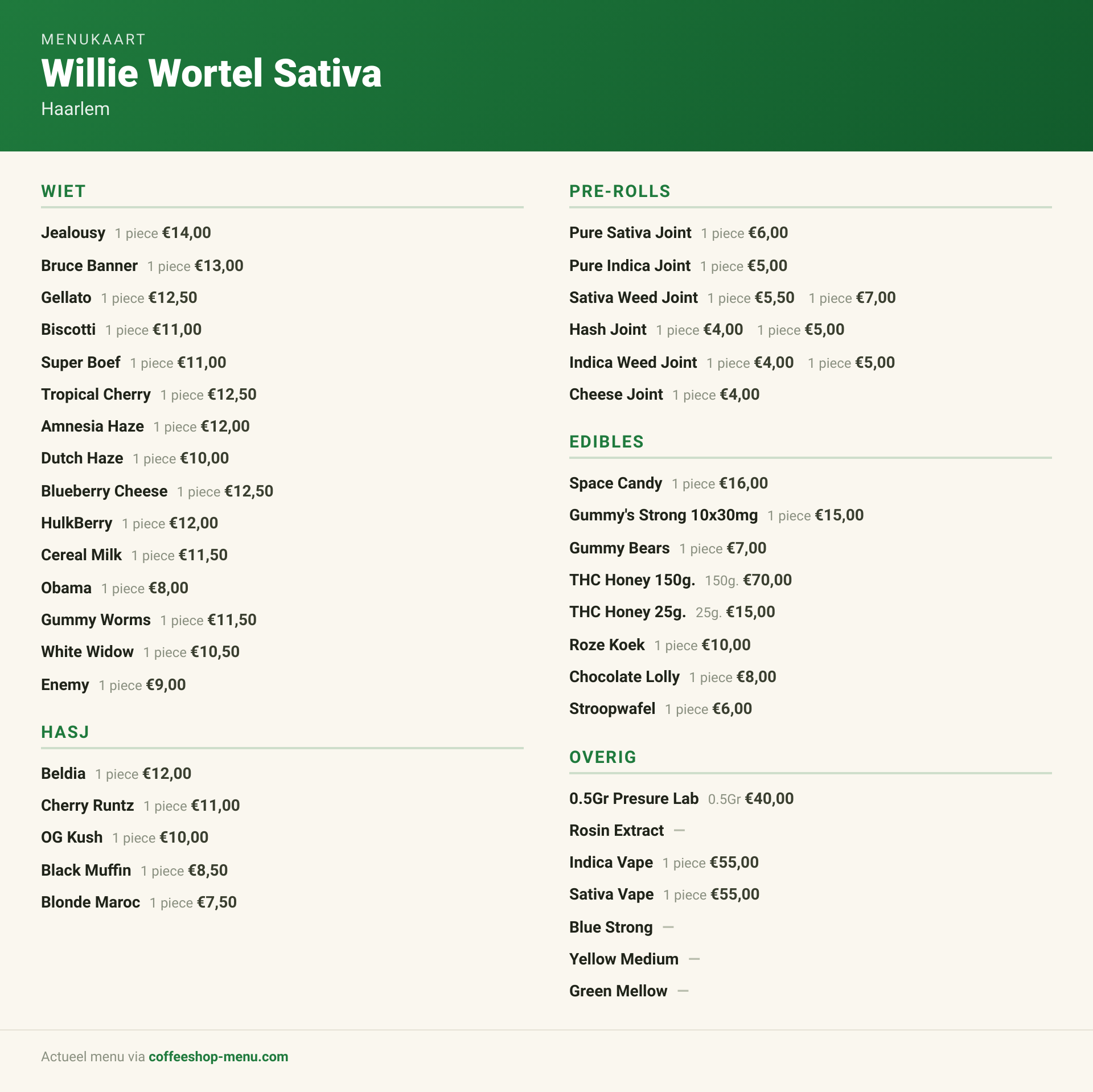 Menu bij Willie Wortel Sativa